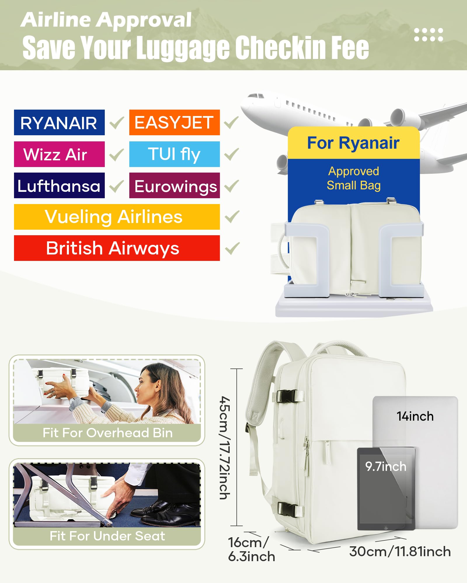 SZLX Zaino Ryanair 40x30x20 Sottovuoto Zaino da Viaggio 40x30x20 Wizzair Bagaglio a Mano 40x20x25 Borse da Cabina per Easyjet 45x36x20 Donna con USB Adatto a PC da 14 Pollici, Valigia con Sottovuoto
