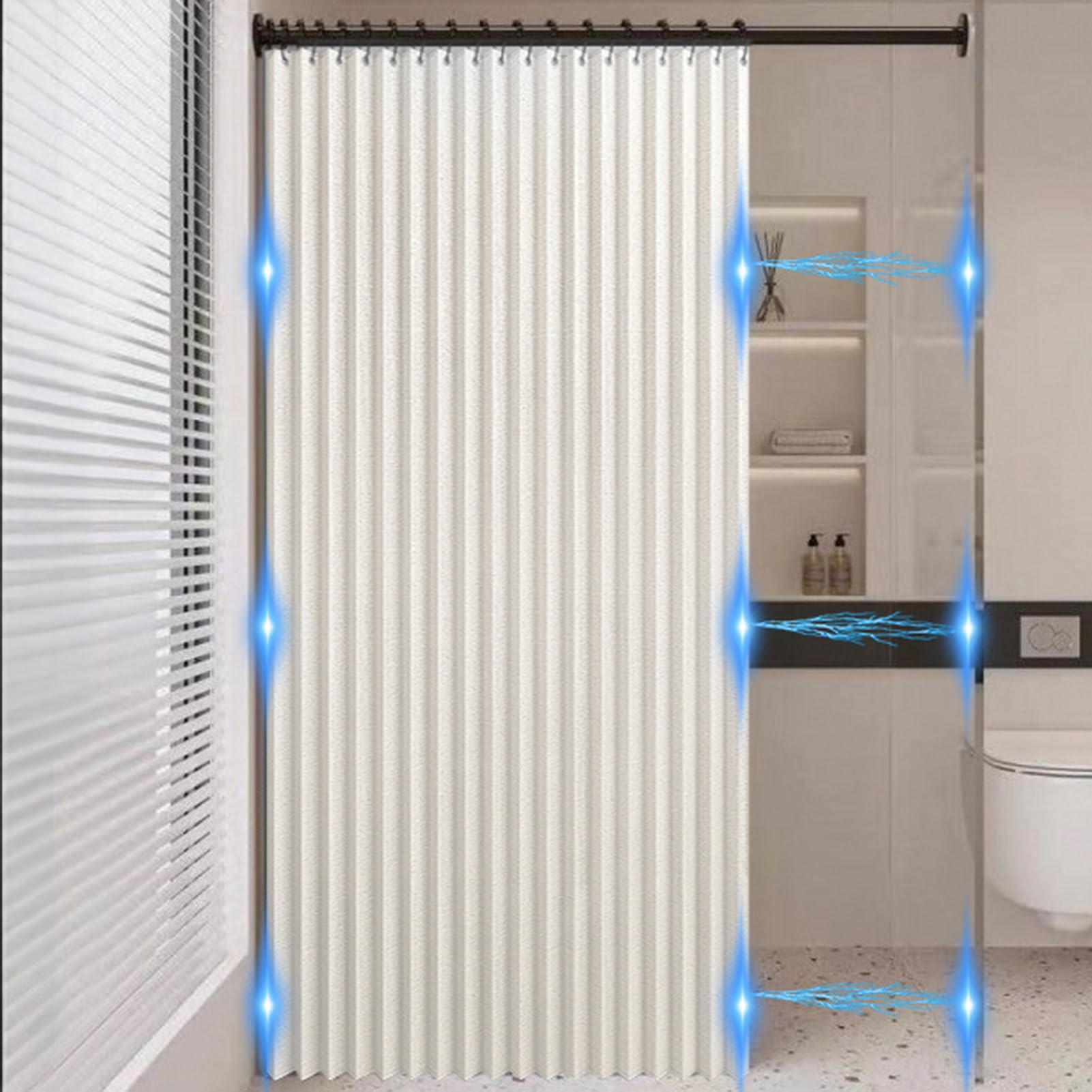 Icegrey Cortina de Ducha magnética Plegable Impermeable con Ganchos, Cortinas de Ducha de Lino poliéster en Acordeón para baño, Azul, 300x180cm