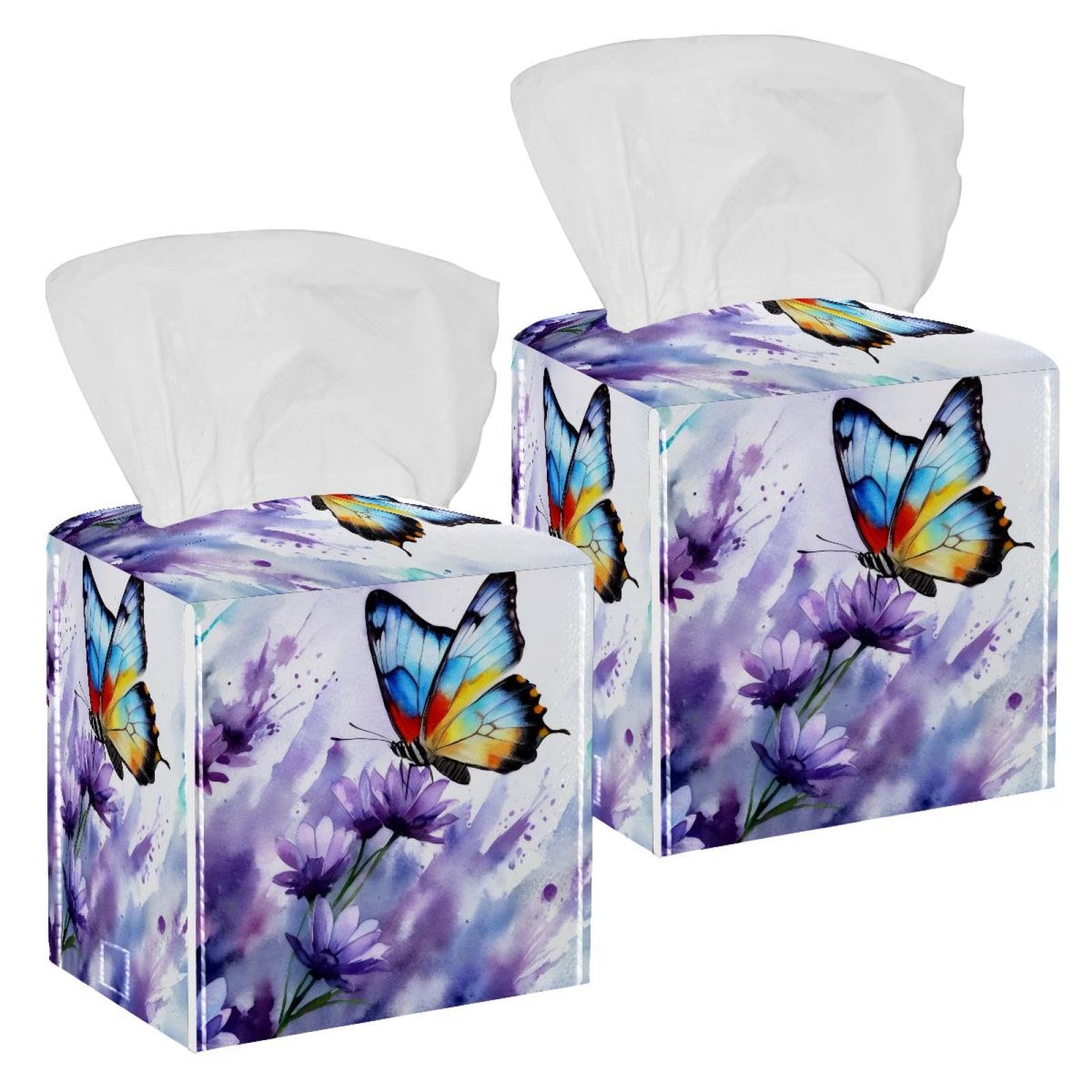 Butterfly Lavender Tissue Box Cover, 2 Pack PU Leather Square Facial Tissue Dispenser Box holder for Home Office Car
