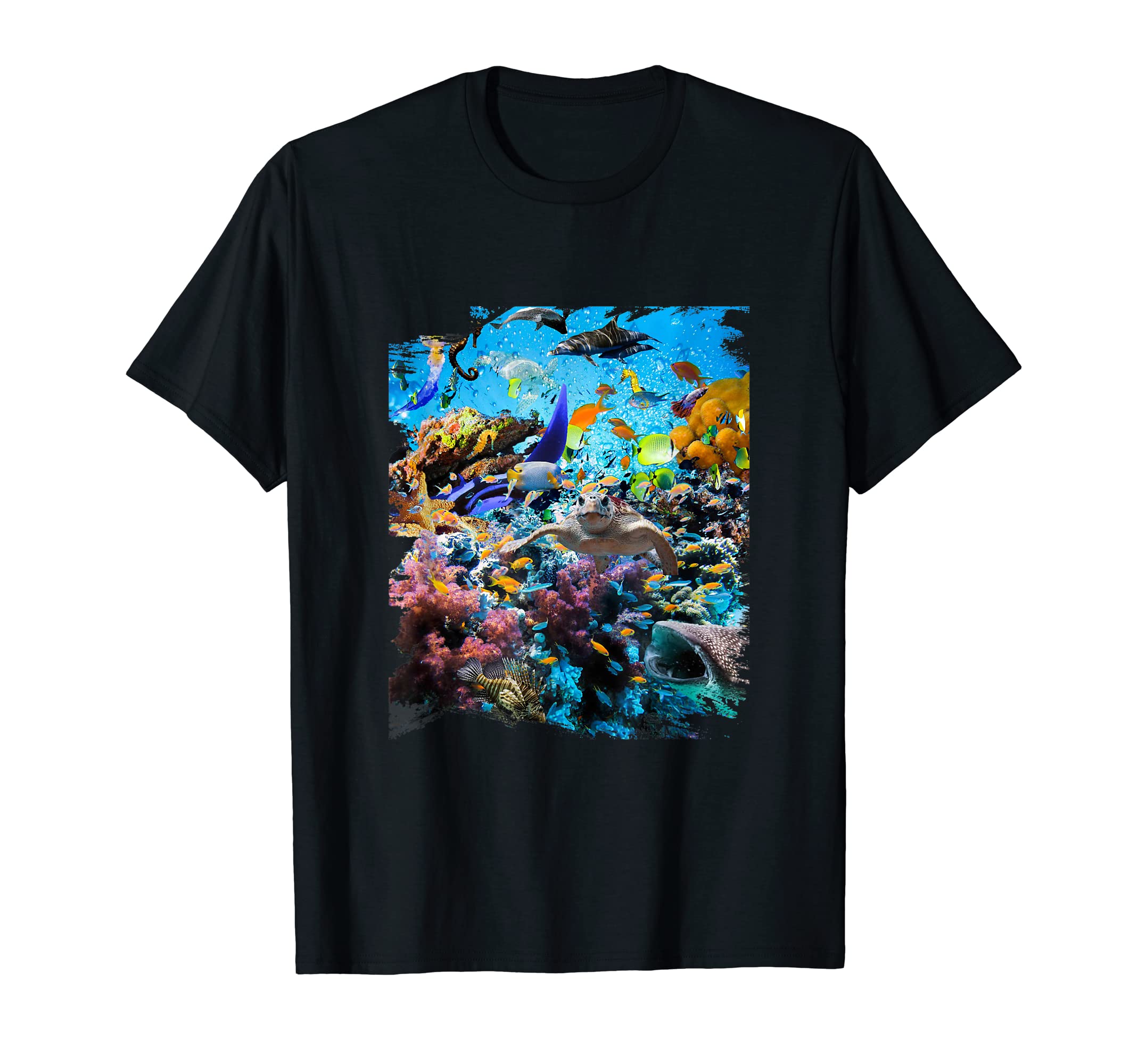 Ocean Dolphin Shark Turtle Coral Sea Fish Orca Whale Reef T-Shirt, Black