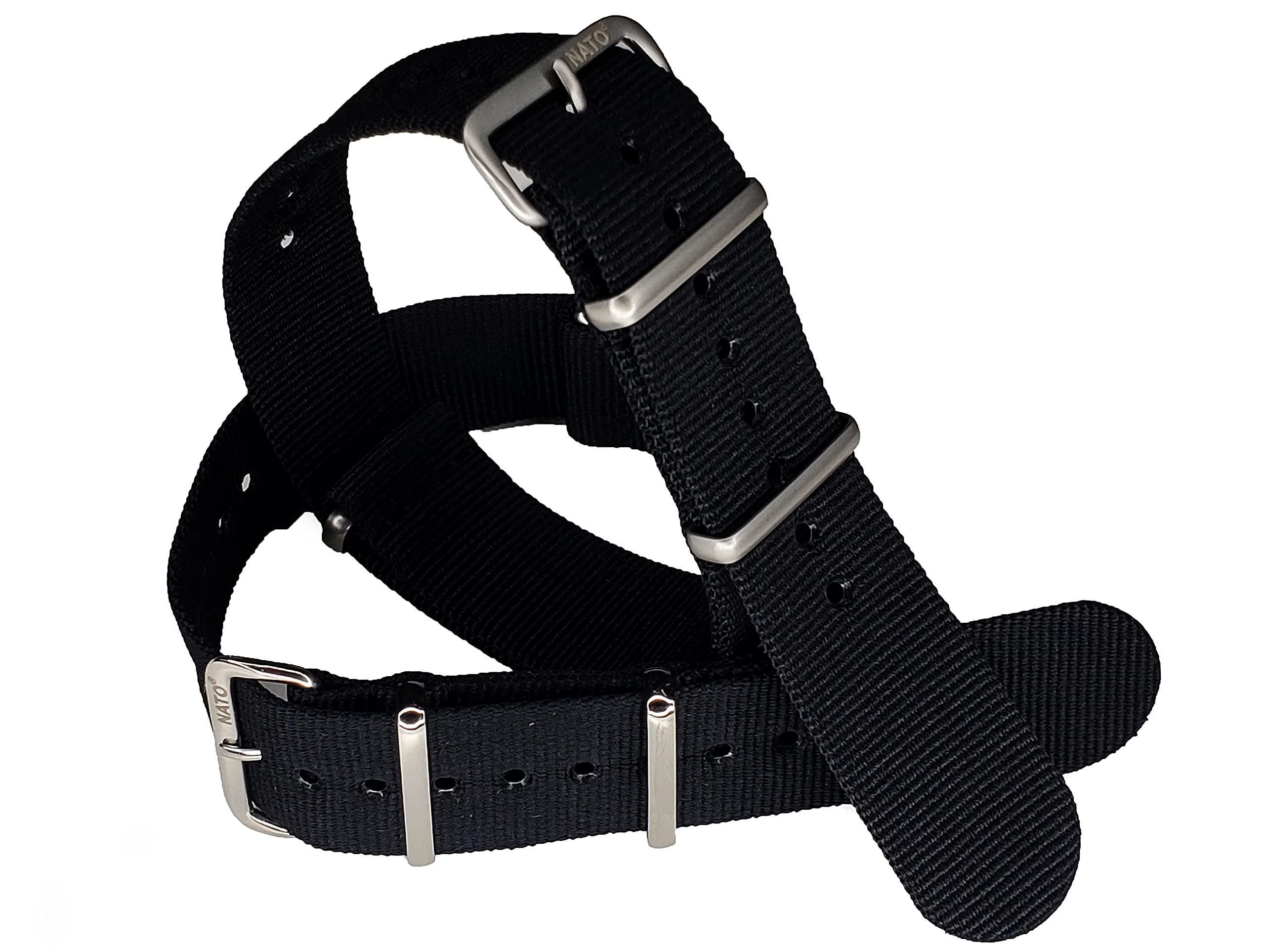 NATO G10 BLACK Premium Ballistic Nylon Military Watchband 16mm 18mm 20mm 22mm 24mm Stainless Steel High Polished Buckles USA Stock (Satin Brushed Hardware, 19mm)