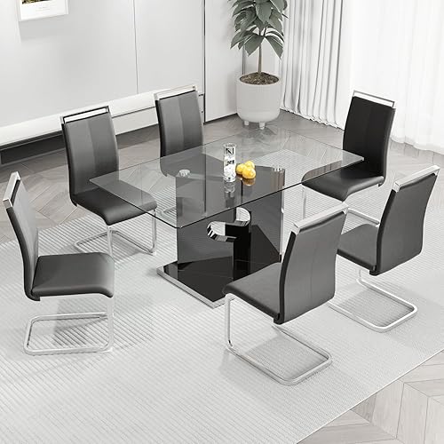 Miniatura 16 de Ebullient Juego de mesa de comedor de cristal de 63 pulgadas para 4, mesa de comedor de vidrio negro y base de MDF, mesa de cocina rectangular Mesa