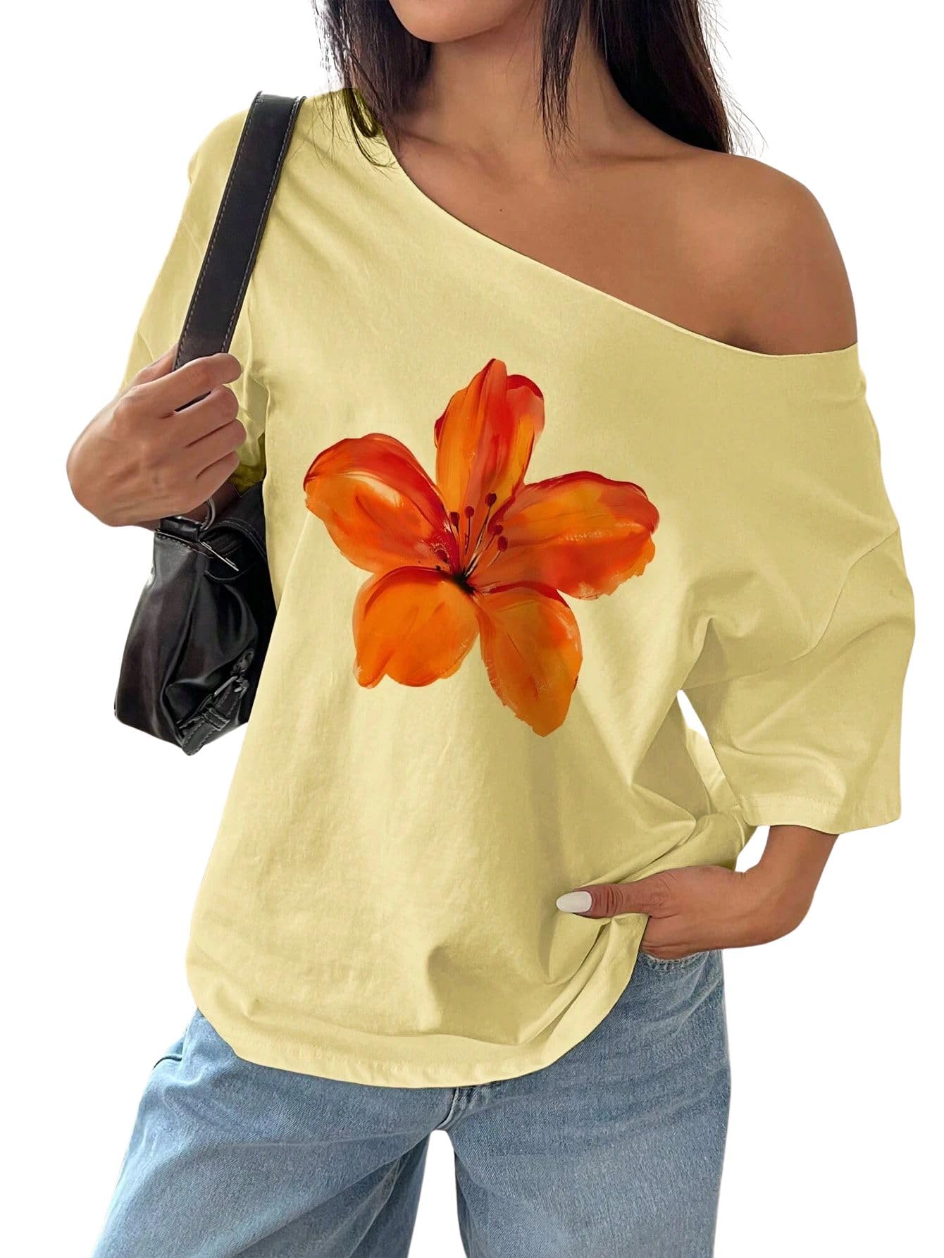 sxv style Women's Off Shoulder Top, Yellow, Orange Floral Print, 3/4 Sleeve, Casual Loose Fit-picture-2