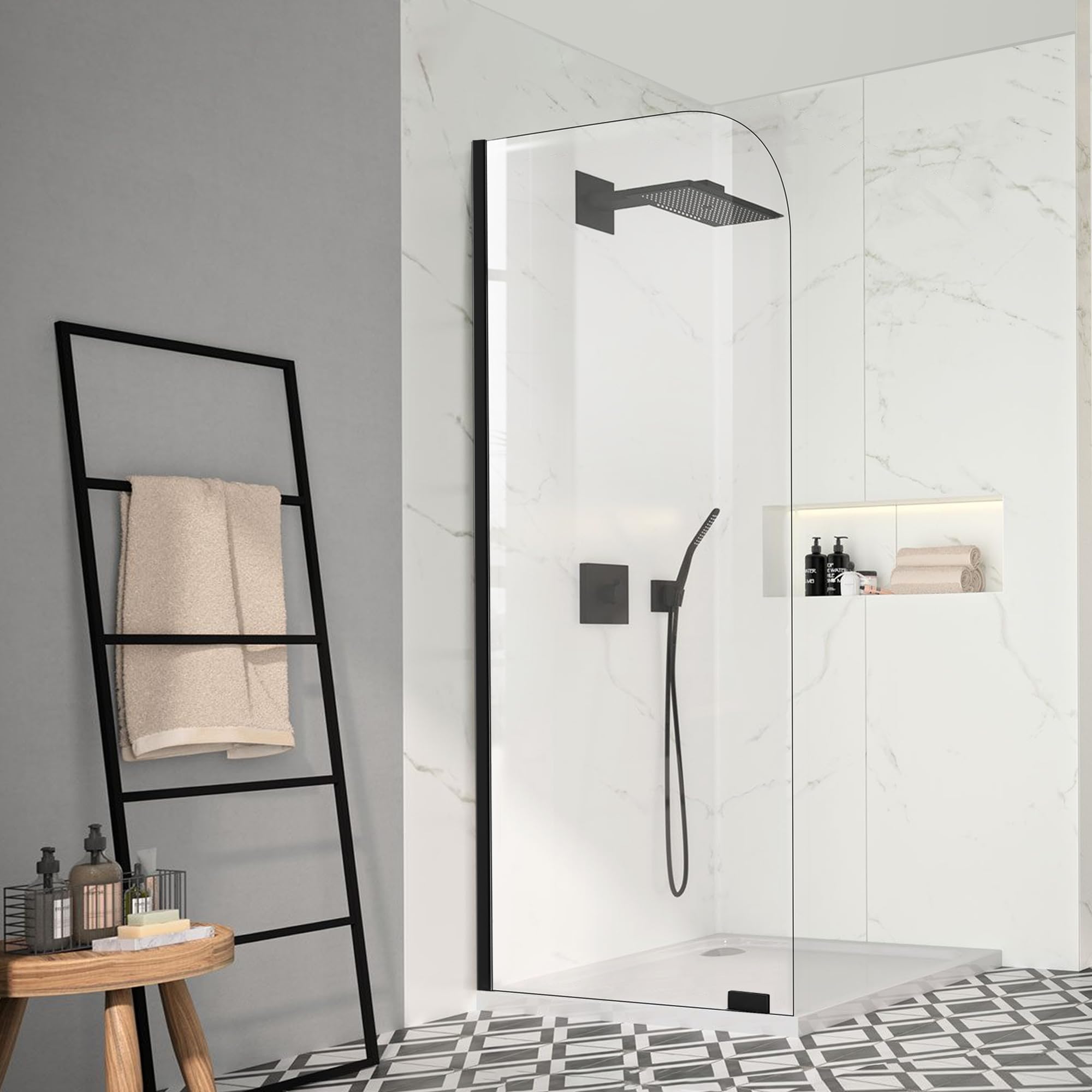 30" W x 78" H Shower Glass Panel, Bathroom Shower Glass Door 5/16"(8mm) Thick Clear Tempered Glass Door with Fixed Clamp Shower Screen Panel in Matte Black