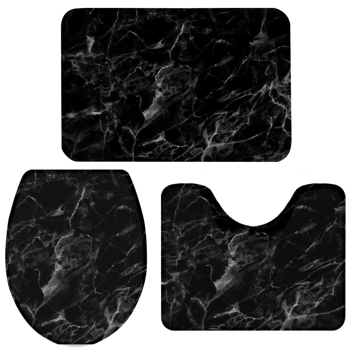 Queenker 3 Pieces Bath Rug Set Toilet Seat Cover Black Marble Texture Pattern Print Contour Rug, Pedestal Mat and Toilet Lid Cover?Non-Slip Bathroom Floor Mat 18''x30''+14''x18''+15''x18''
