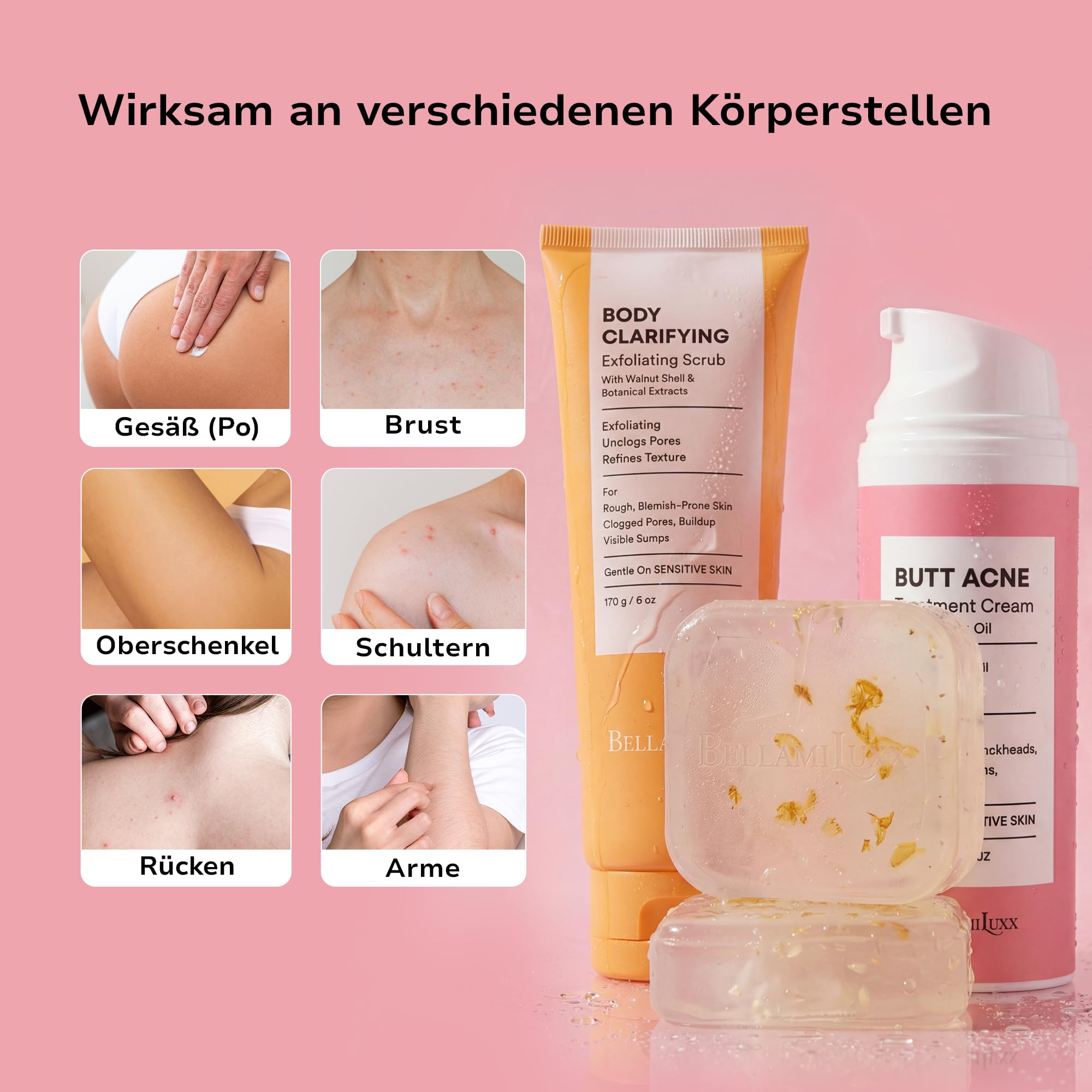 BellamiLuxx 3-teiliges Set gegen Pickel am Po – Lotion, Klärende Seife & Körperpeeling für Po, Oberschenkel & Rücken – Bei Hautunreinheiten, verstopften Poren & rauer Haut – Peelen, Reinigen & Glätten