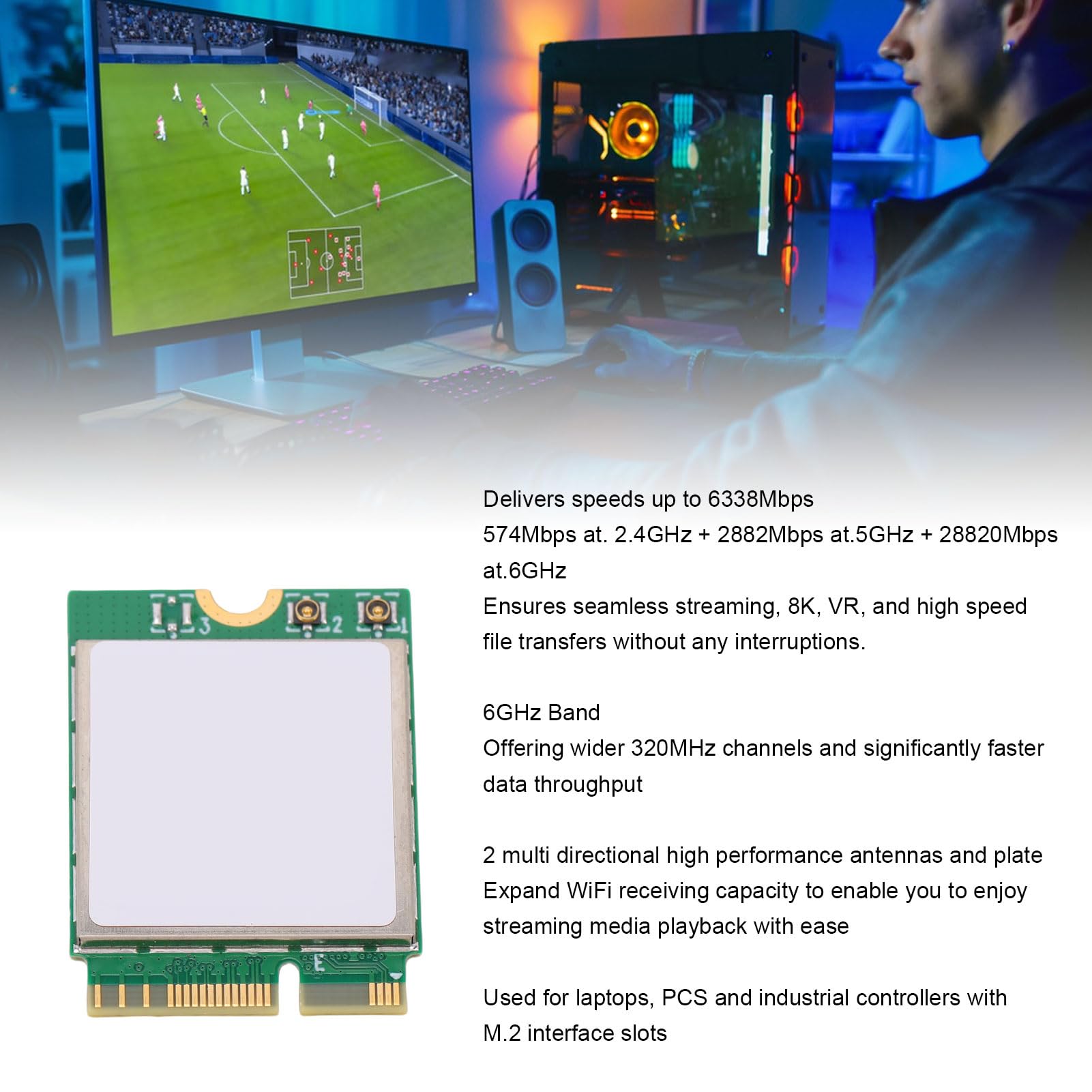 Carte WiFi 7 pour PC De Bureau, Adaptateur sans Fil Tri-Bande 2,4 Ghz, 5 Ghz Et 6 Ghz, Bluetooth 5.4, Interface NGFF M.2, avec Deux Antennes 8 Dbi, pour 10 11