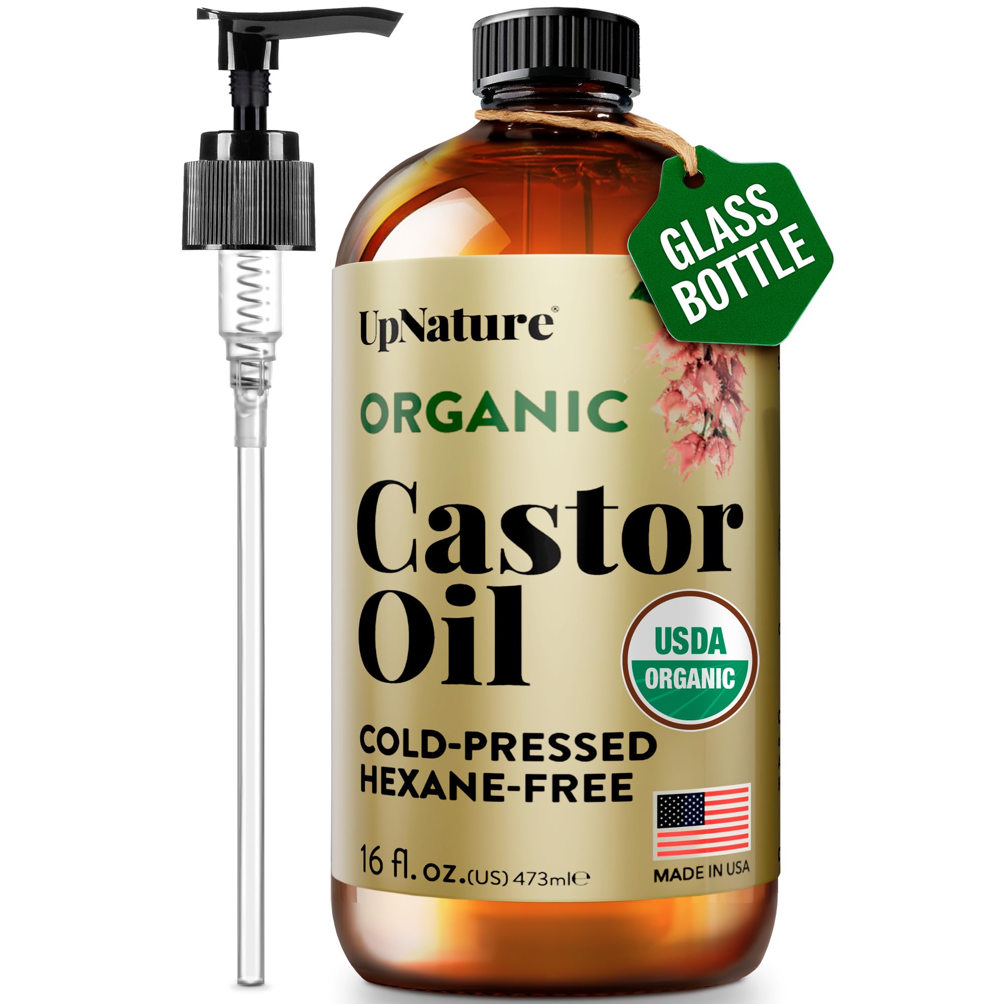UpNature Organic Castor Oil in Glass Bottle (16 oz) 100% Pure Cold Pressed Unrefined Castor Oil for Hair Skin Face (Hexane Free)