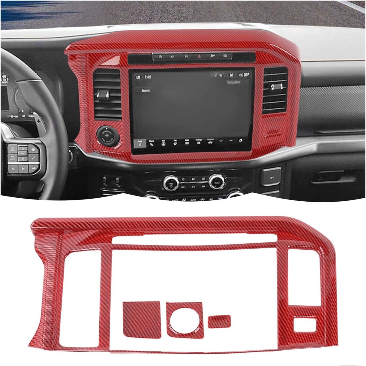 RT-TCZ Center Console Navigation GPS Panel Cover Trim Decoration Interior Accessories for Ford F150 Raptor 2024 2025 (Red Carbon Fiber)