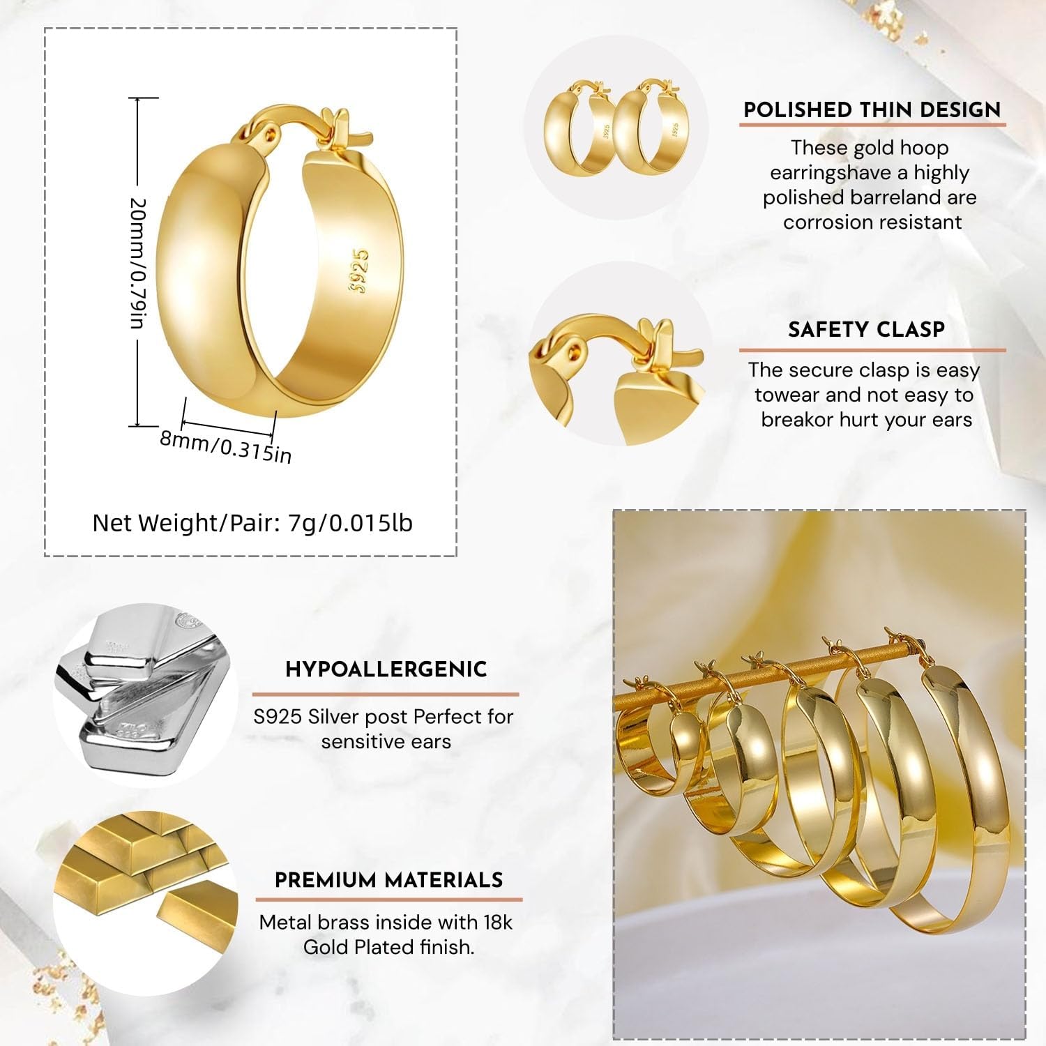 Chunky silver earrings For Women- Classical 8MM Wide 925 Sterling Silver Large Hoop Earrings 18K Gold Plated Big Hoops Earring for Sensitive Ears 20/30/40/50/60mm - Image 2