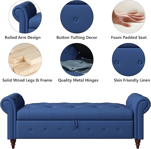 Miniatura 65 de Aoowow Banco de almacenamiento de 63 pulgadas para dormitorio, extremo de la cama, sofá otomano enrollado de tela de terciopelo armado, banco largo