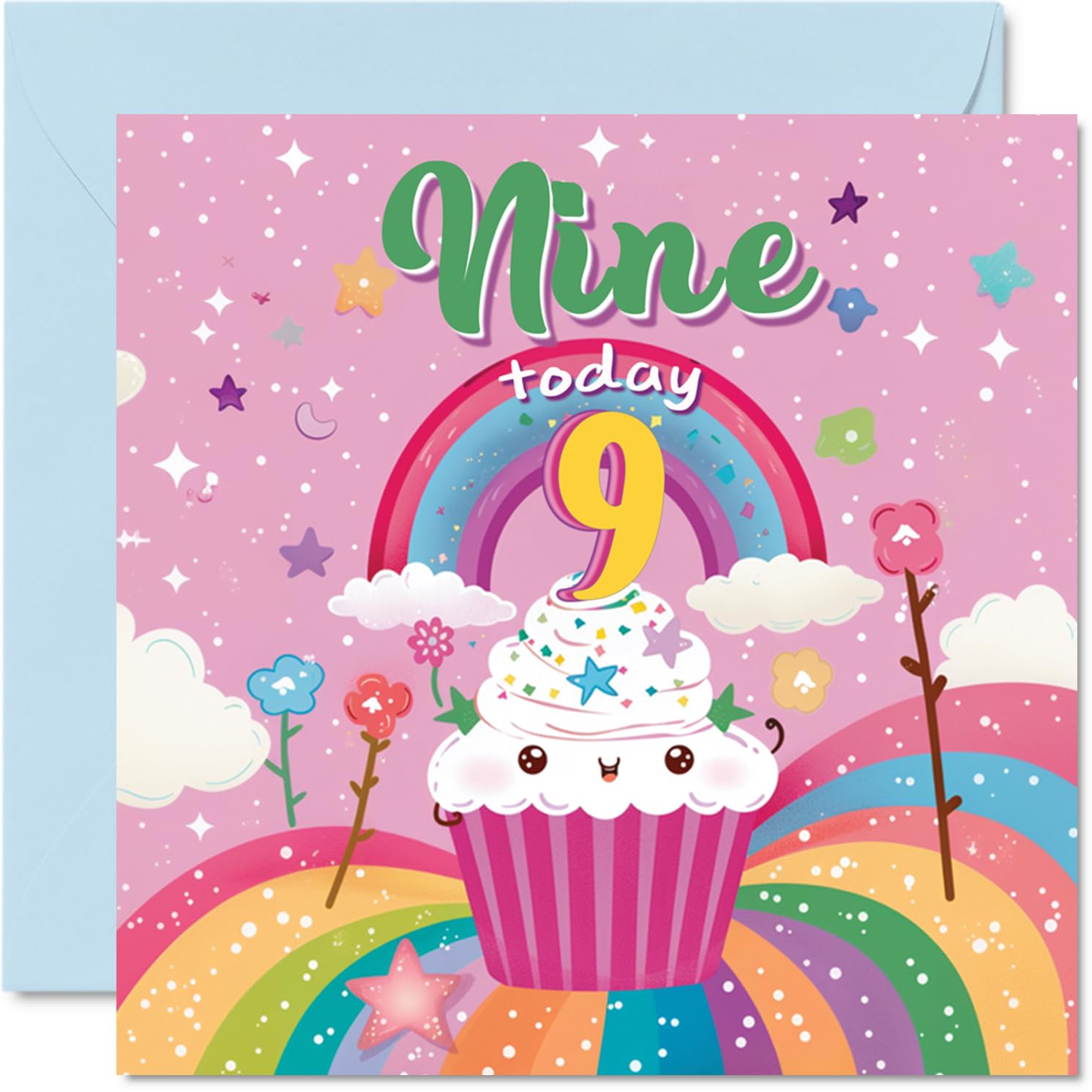 9th Birthday Card Girl - Cupcake Rainbow - Happy Birthday Card for 9 Year Old Girl, Age 9 Girls Cards, 145mm Bday Greeting
