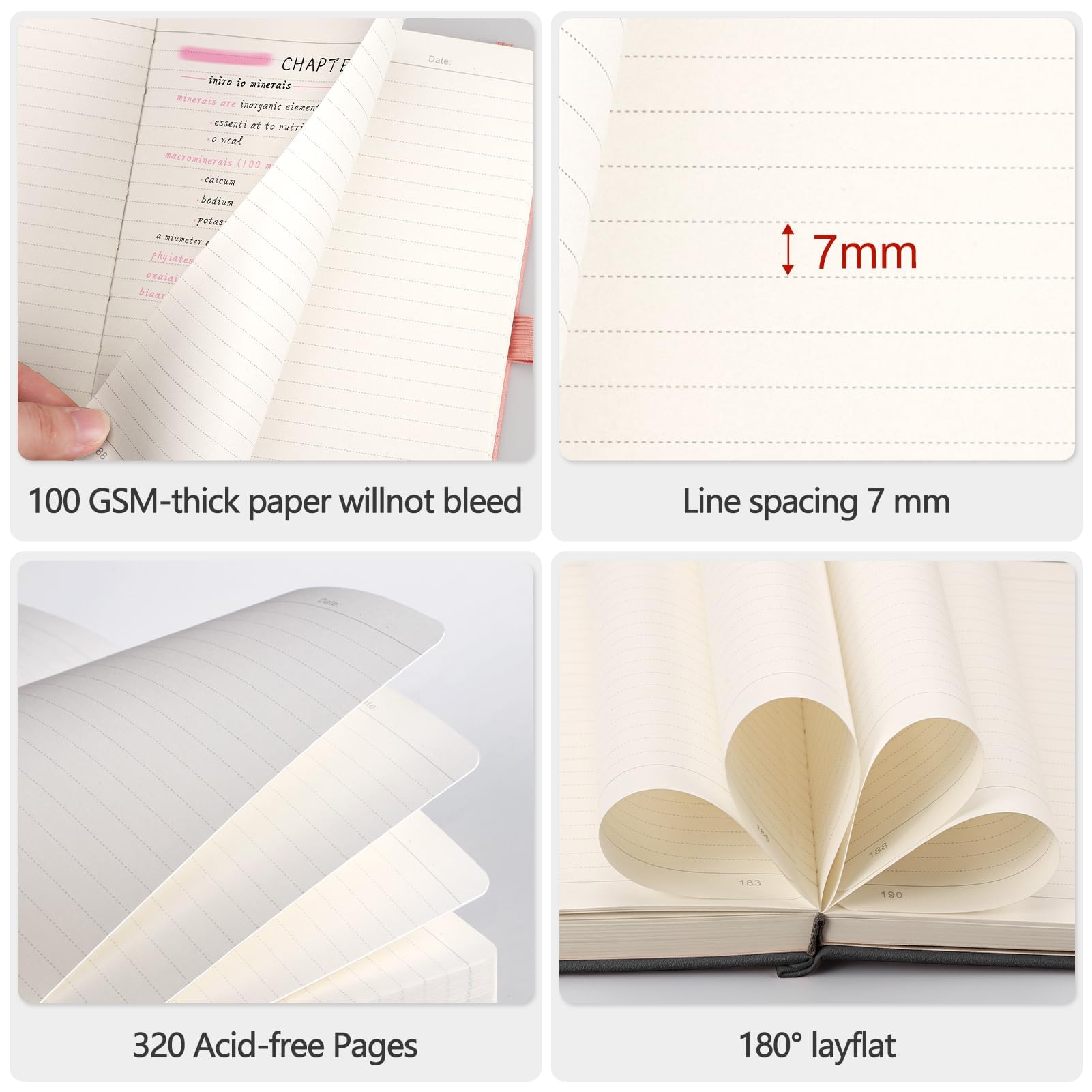 AHGXG Notatnik w linie, 320 ponumerowanych stron, gruby dziennik do pisania A5, notatnik w linie, papier w linie 100 g/m², skórzana twarda okładka, dla kobiet, mężczyzn, pracy, biura, szkoły, 14 x 20