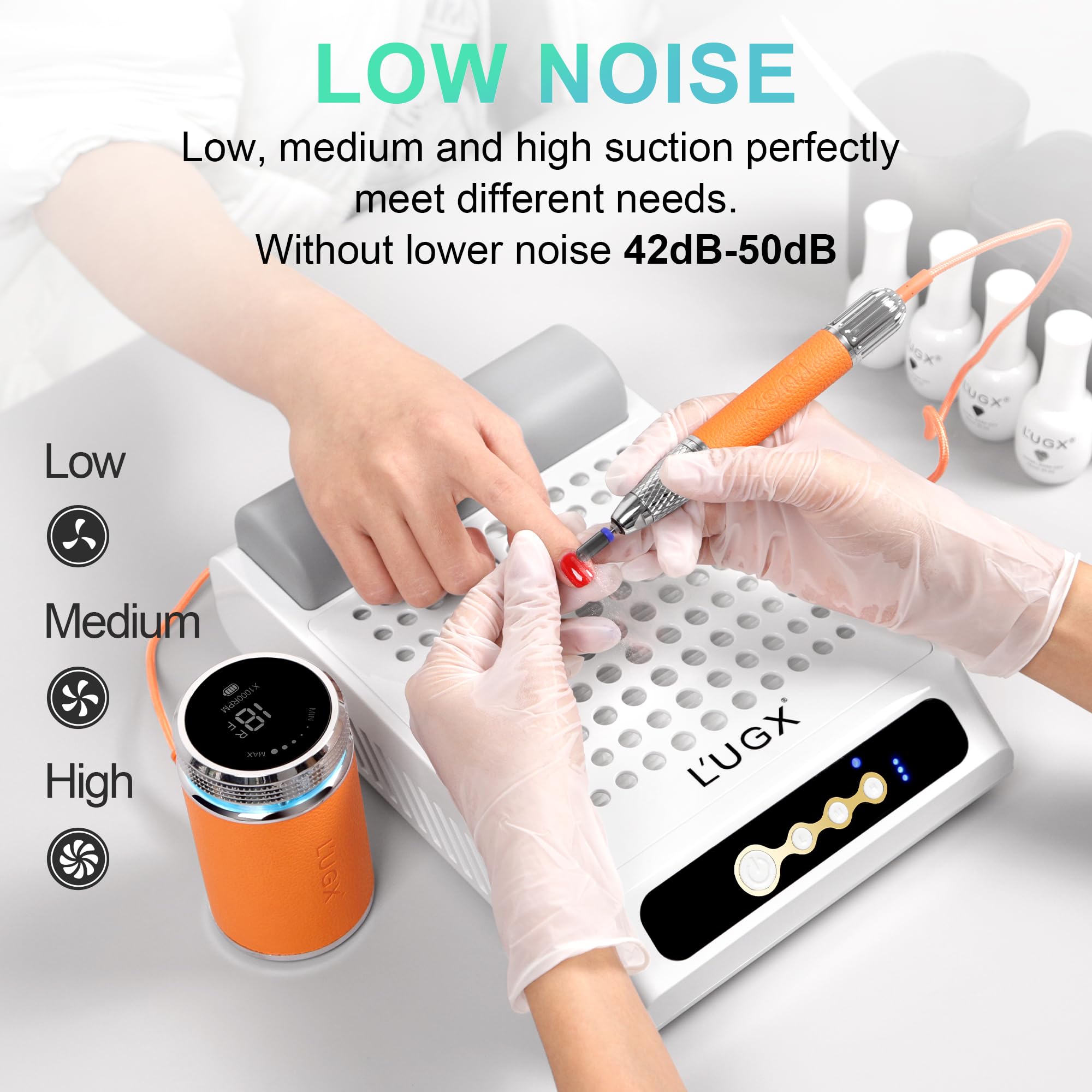 L'UGX Colector de polvo de uñas recargable, profesional sin escobillas, tecnología de uñas, potente máquina de succión de polvo, herramienta de manicura y pedicura para esmalte de uñas acrílicas, bajo
