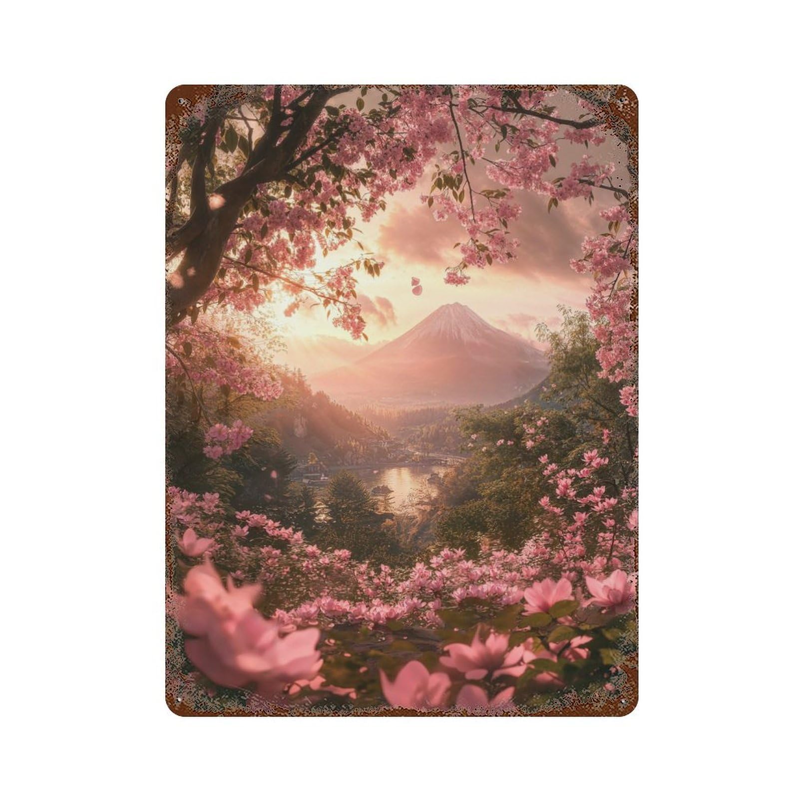 Japan Mount Fuji Sakura Aged Metal Wall Plaque 15.7"x11.8", Industrial Home Decor for Pub, Kitchen And Man Cave Decor