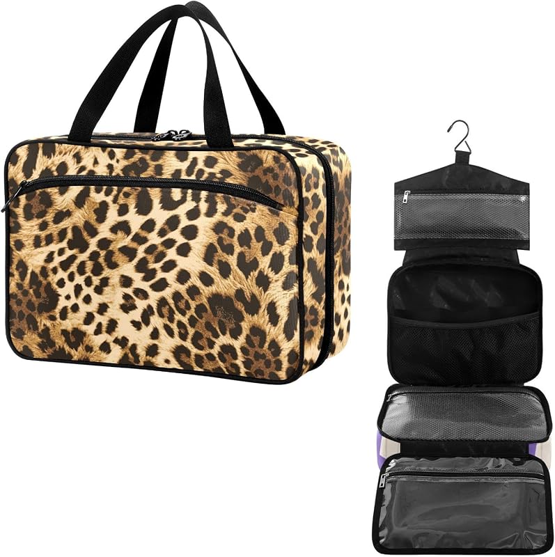 Necessaire de viagem YNNALE com gancho, compartimentos e estampa de leopardo