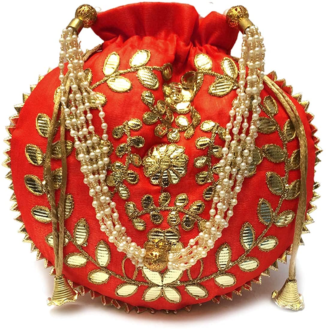 EkavyaJewelry Coin Pouch Gotta Patti Work Potli Bag for Women Batwa Wedding Gifts Pearls Handle Clutch Drawstring Purse H*L(cm):- 23 * 24 Red