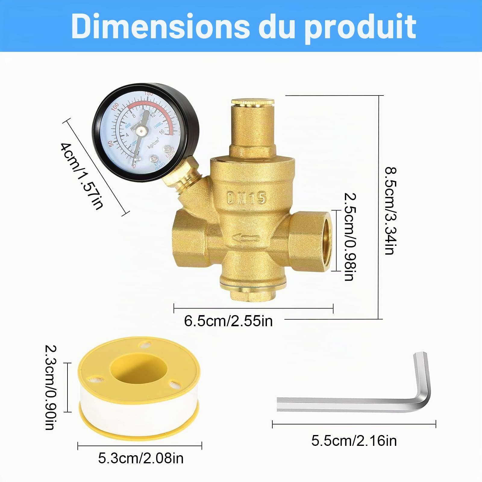 Reducteur de Pression eau DN15 1/2 Pouce Avec Manometre Pression eau, Fabriqué 100% en Laiton de Haute Dureté, Réducteur de Pression d'eau Limiteur de Pression Arrosage Regulateur de Pression d eau