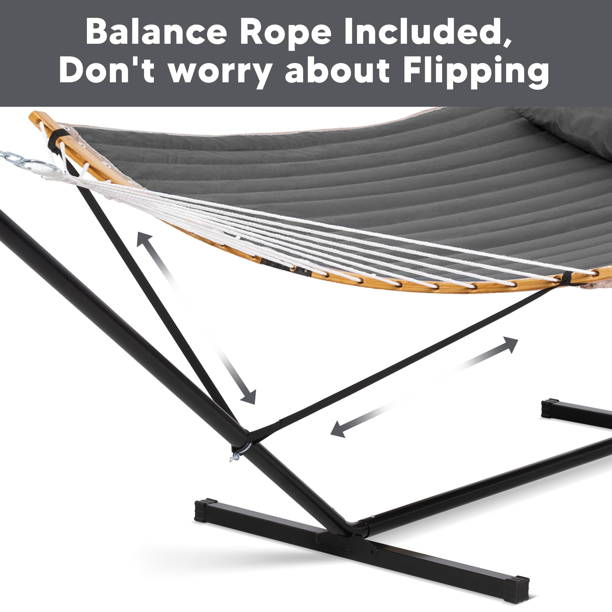 SUNCREAT Hamaca doble portátil con soporte, hamaca para 2 personas con barra esparcidora curvada, cuerdas de equilibrio incluidas, gris oscuro | Hamaca para 2 personas con barra esparcidora curvada, cuerdas de equilibrio incluidas