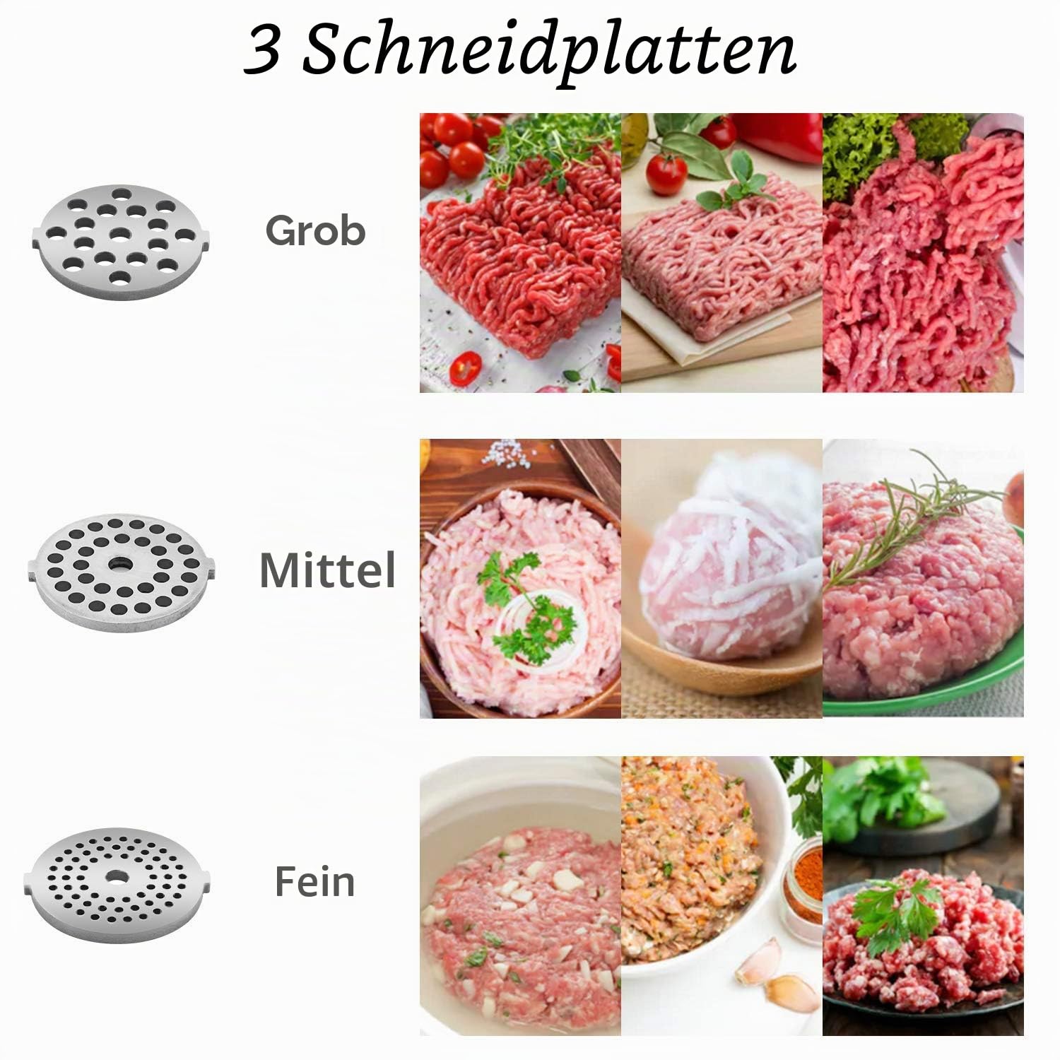 Elektrischer Fleischwolf 2000W mit Wurstfüller, Multi Küchenmaschin Wurstmacher, Edelstahl, inklusive 3 Mahlplatten und Wurstfüllrohren, ideal für den Hausgebrauch