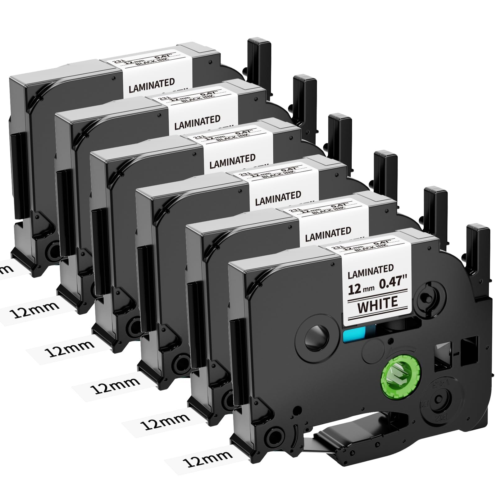 Nastro per Etichette Compatibile con Brother P-touch TZ Tape 12mm 0.47 | TZe-231 Ricarica Etichettatrice AZe-231 per Brother P-Touch H105 H107 H110 1000 7100, Nero su Bianco, 6PACK