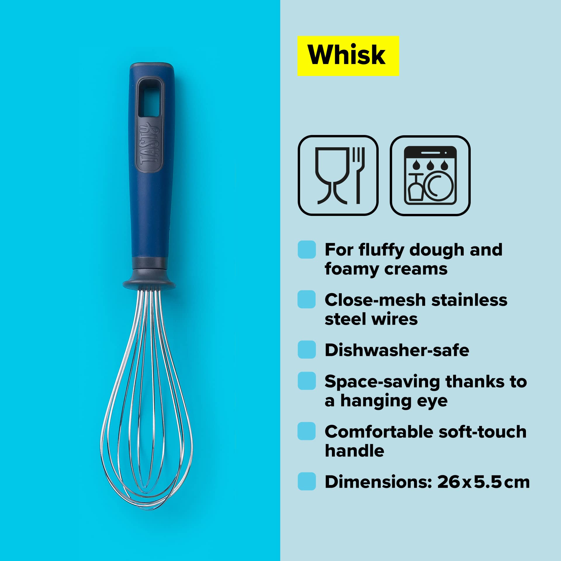 Tasty Everyday Stainless Steel Whisk with Soft-Touch Handle, Multifunctional Balloon Whisk for Stirring and Whipping Ingredients, Kitchen Whisk Stirrer, 26x5.5cm Colours: Dark Blue, Grey, Silver