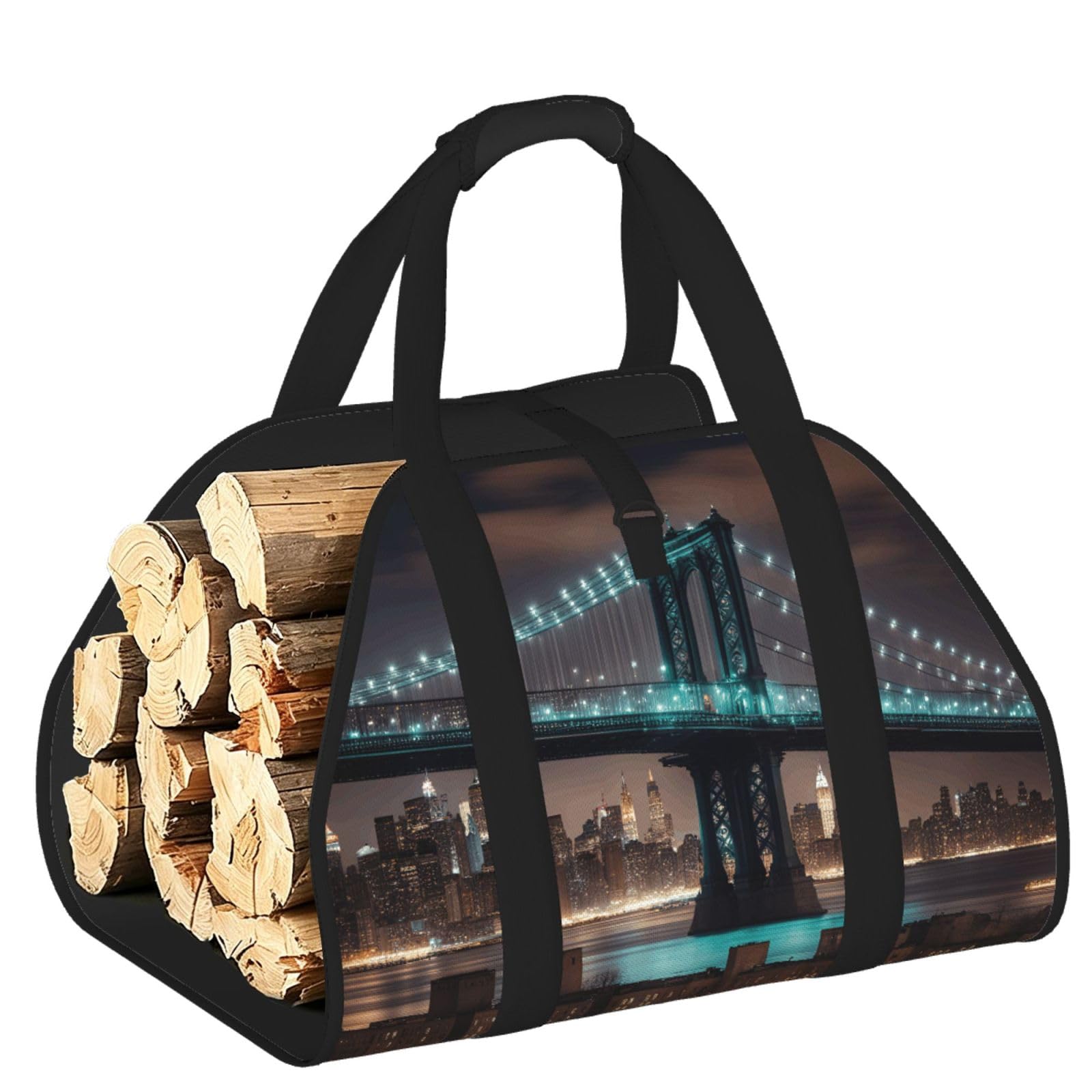 Ayyqwe Black New York Manhattan Bridge Night Print Firewood Bag Wood Waterproof Versatile Camping Picnic Storage Daily Home