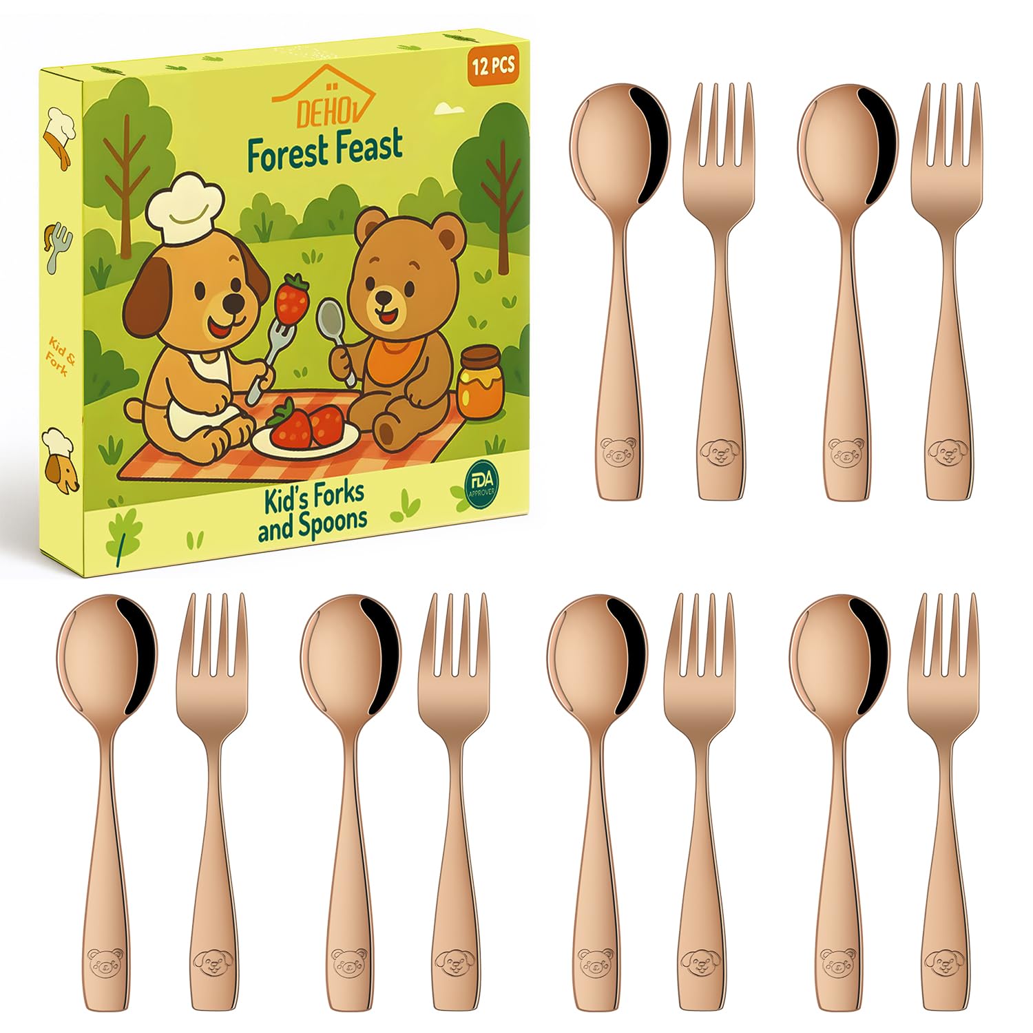 DEHOV Rose Gold Toddler Eating Utensils Set,Set Of 12 Food Grade Stainless Steel Silverware Sets For Kids,Dishwasher Safe Children Small Metal Spoons And Forks Flatware Sets