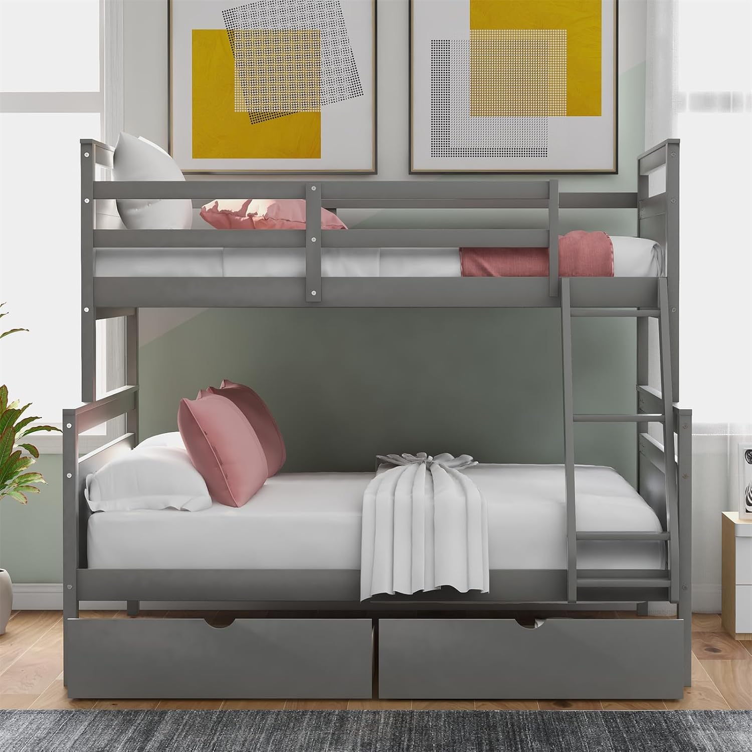 Twin over Full Size Bed Frame with FullLength Safety