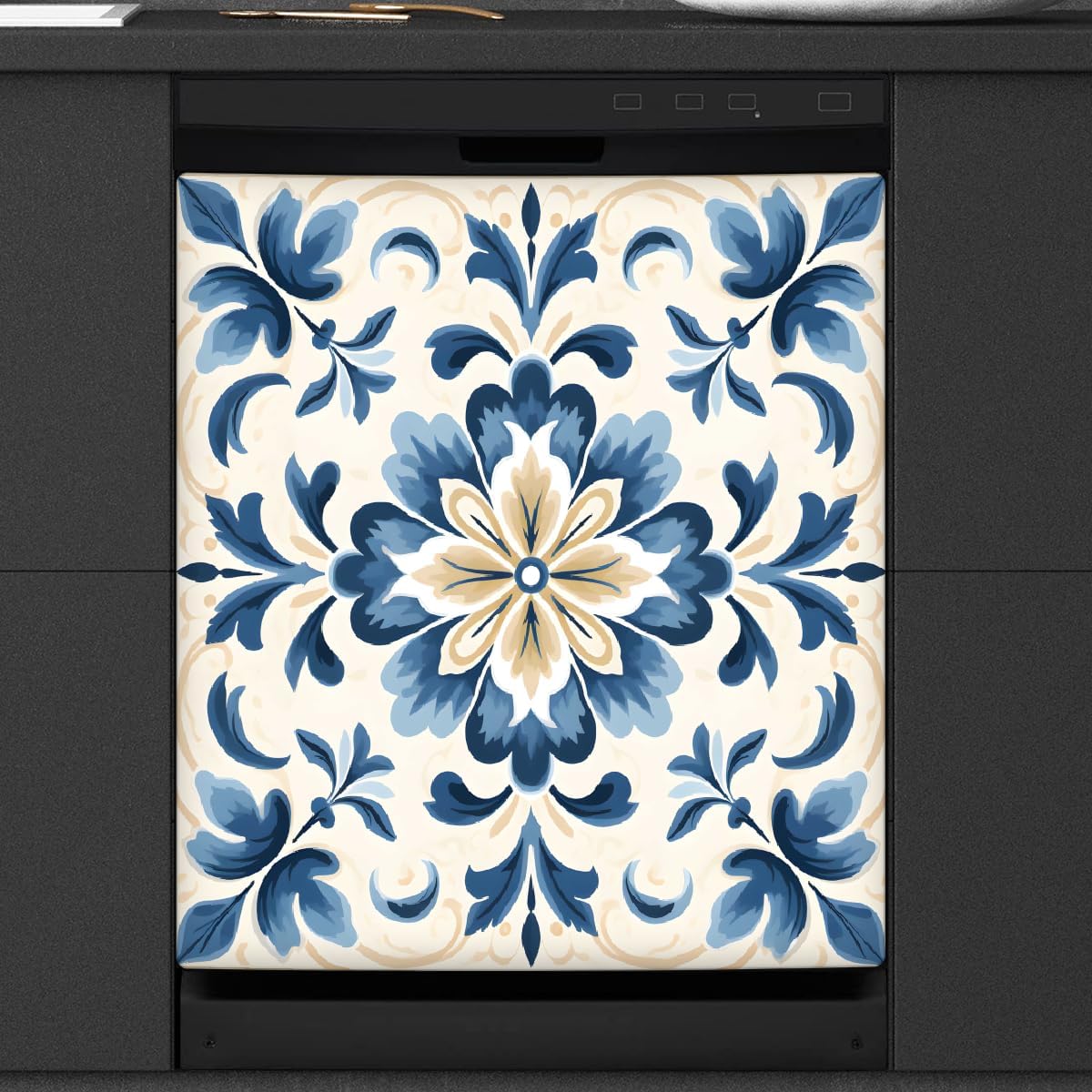 Dishwasher Covers Refrigerator Magnetic Panel Decals Abstract Geometric Blue Floral Art Print Magnetic Sheet Sticker Wash Machine Fridge Panel Decal for Home Kitchen Decoration