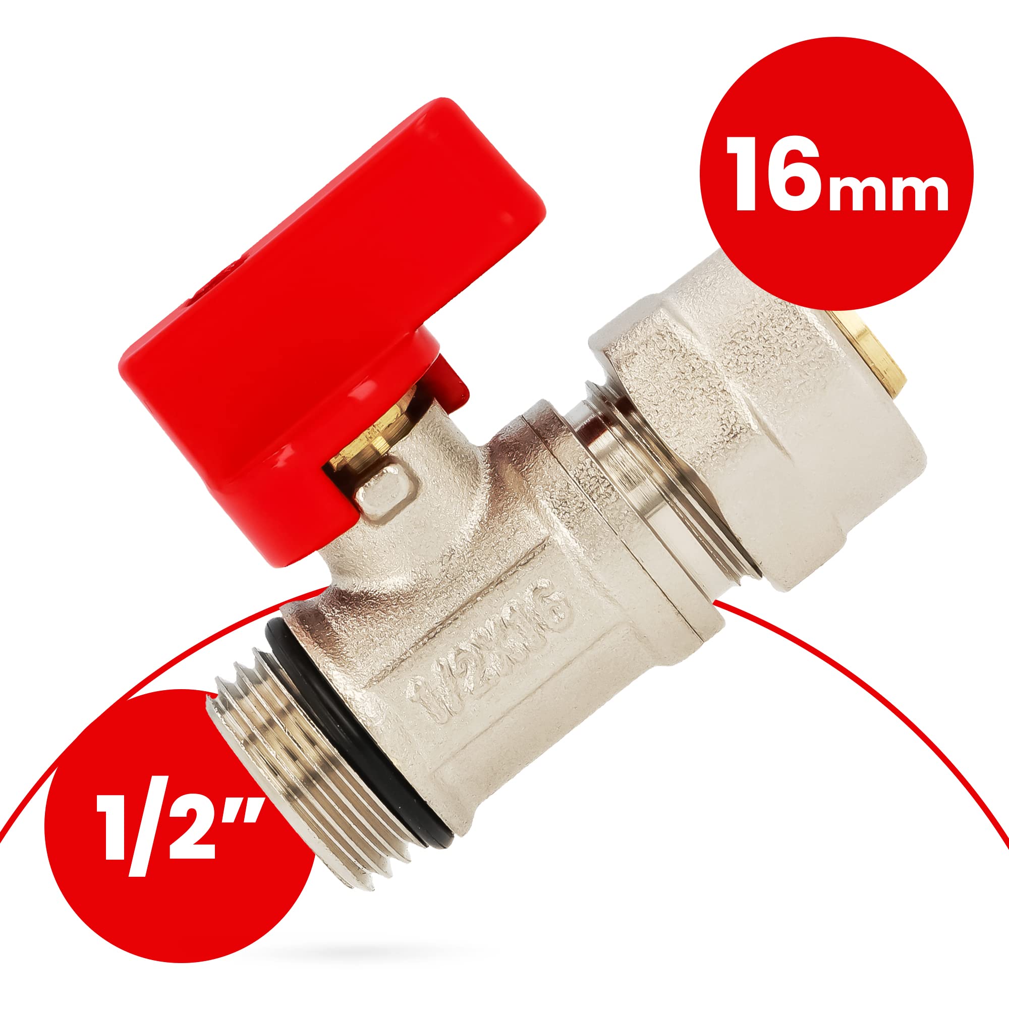 PEX-Kugelhahn 16 X 1/2 Zoll – Messing, Rot, Mit Packungsmutter – Für Fußbodenheizung Und Wasserinstallationen – Dicht, Hitzebeständig Und Zertifiziert