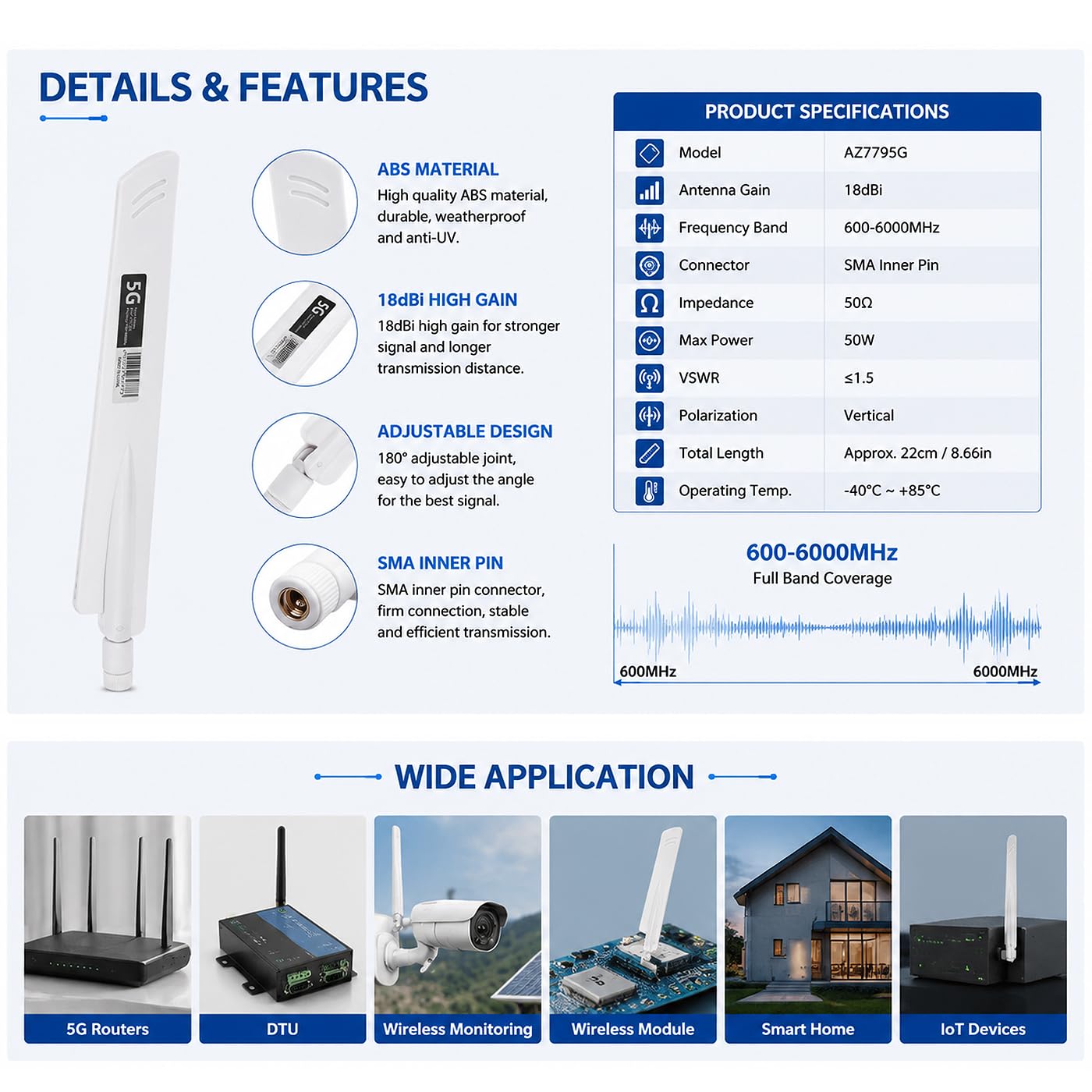 5G Antenna SMA per Router, Antenna Universale Sma Omnidirezionale A Banda Completa Gsm/Gprs/5G/4G/3G/2G/Nb-Lot Ad Alto Guadagno 18Dbi, per Router, Dtu, Monitoraggio Wireless (Bianco)