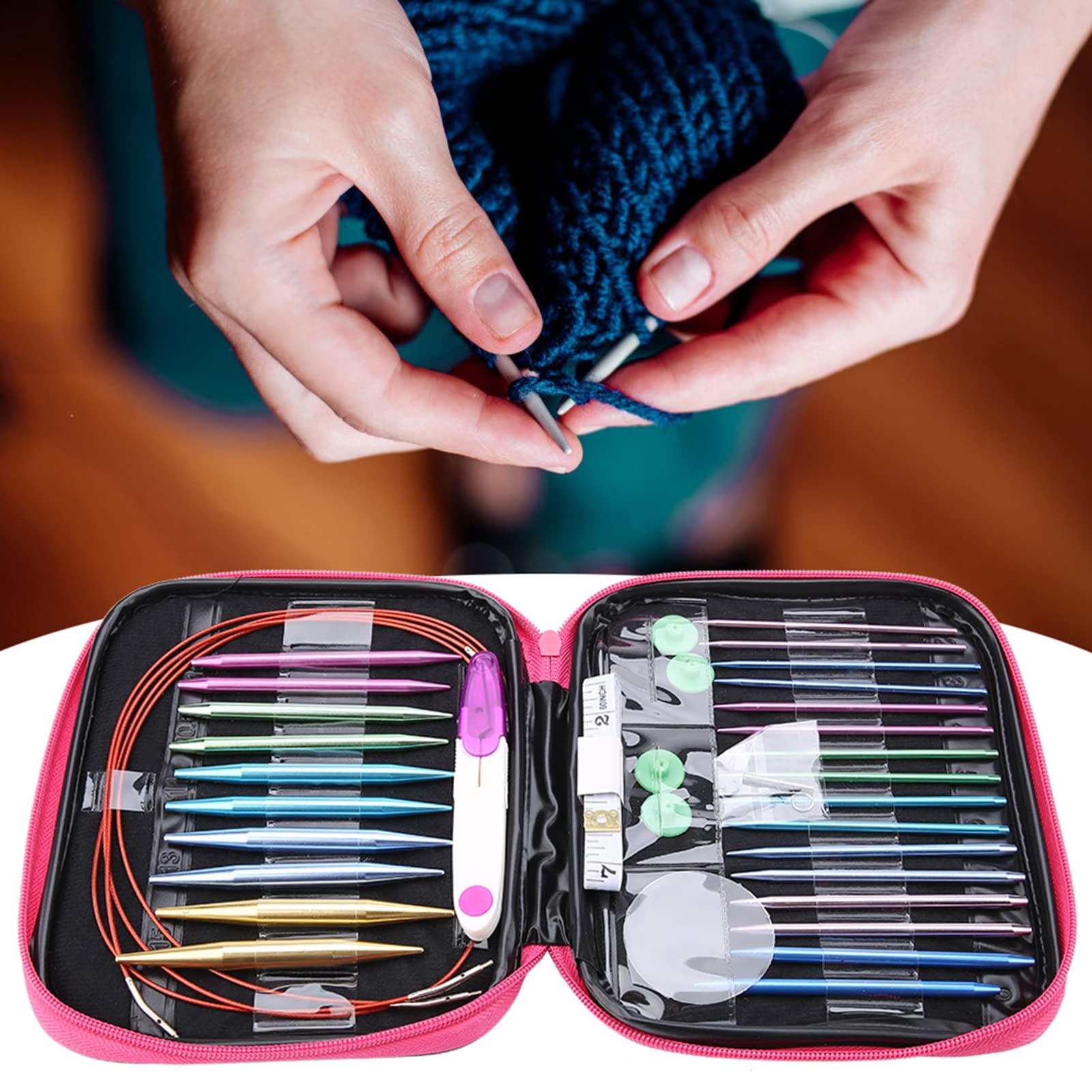 Knittg - Juego de 26 Agujas de Tejer de Aluminio Intercambiables con 4 Cables Circulares de Plástico