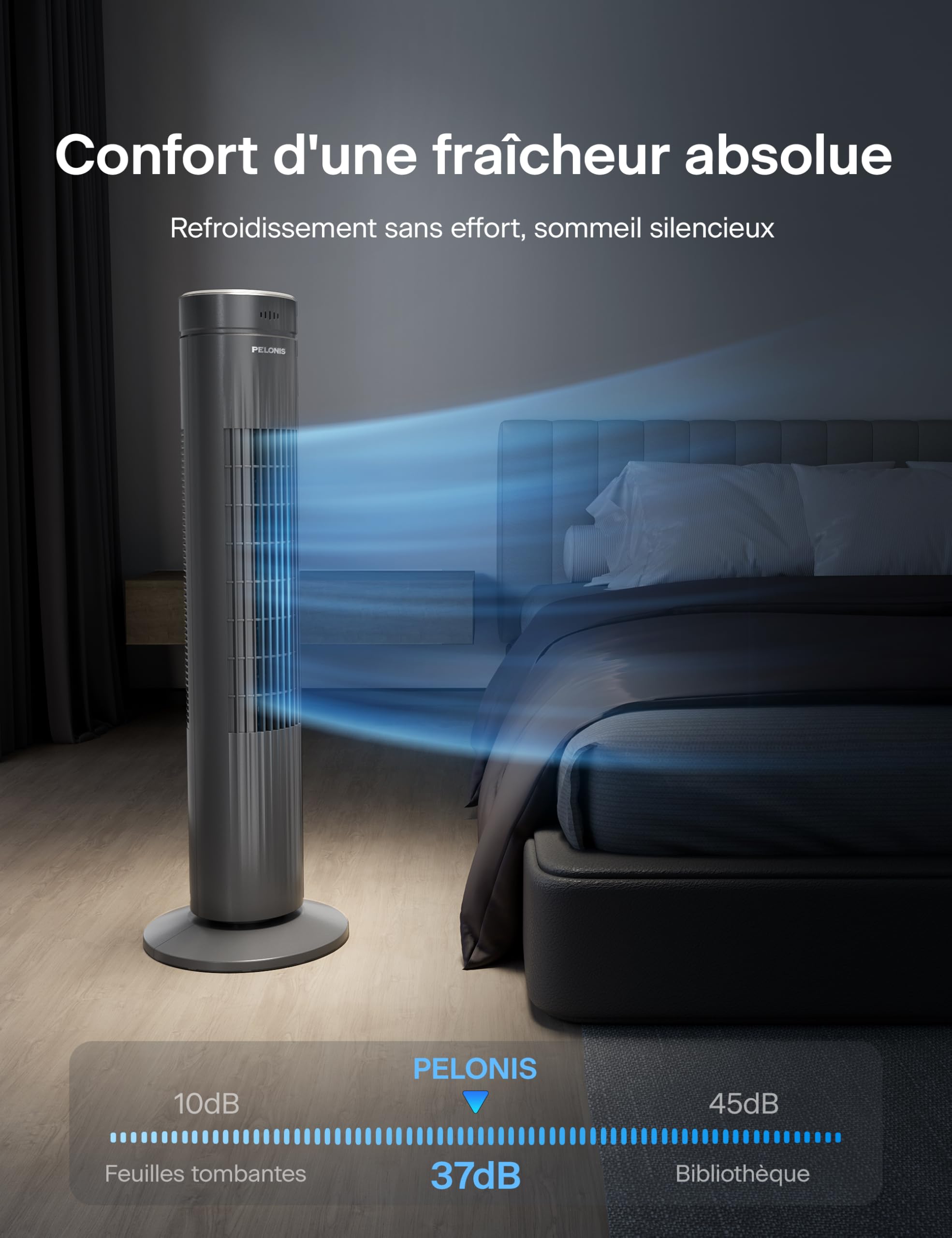 Pelonis Ventilateur Tour Très Silencieux, Télécommande, 3 Vitesses, Minuterie 7H et 3 Modes, pour Chambre
