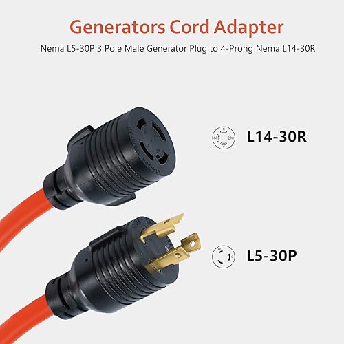 Miniatura 4 de Adaptador de generador RV de 30 amperios, 14 pulgadas, 3 clavijas, L5-30P, bloqueo giratorio, enchufe macho a hembra TT-30R, cable adaptador de