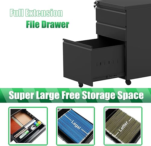 Miniatura 4 de Armario de archivo enrollable con cerradura con 3 cajones, gabinete negro para debajo del escritorio con pedestal móvil, gabinete de almacenamiento