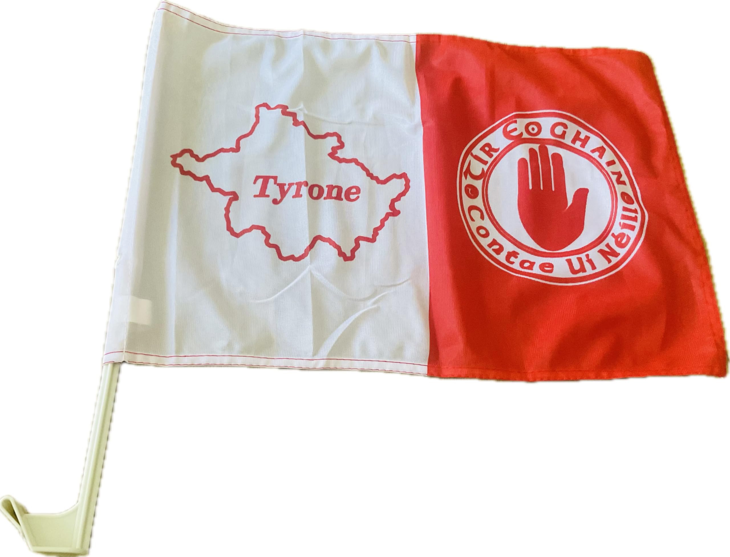 Tyrone GAA Car Flag, Official All Ireland County Mini Crested, 30 x 40 cm, Red and White map design
