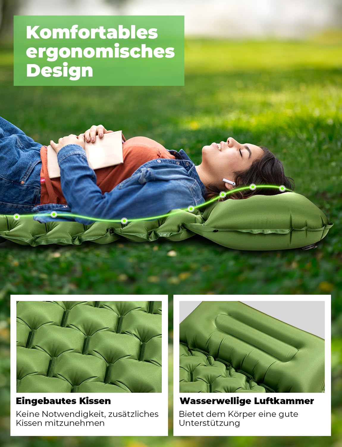 Glymnis Isomatte Camping Aufblasbare Luftmatratze mit Fußpresse Pumpe und Kissen, Wasserdicht Luftmatratze Outdoor, Anti-Ripstop Schlafmatte für Wandern Reisen Camping