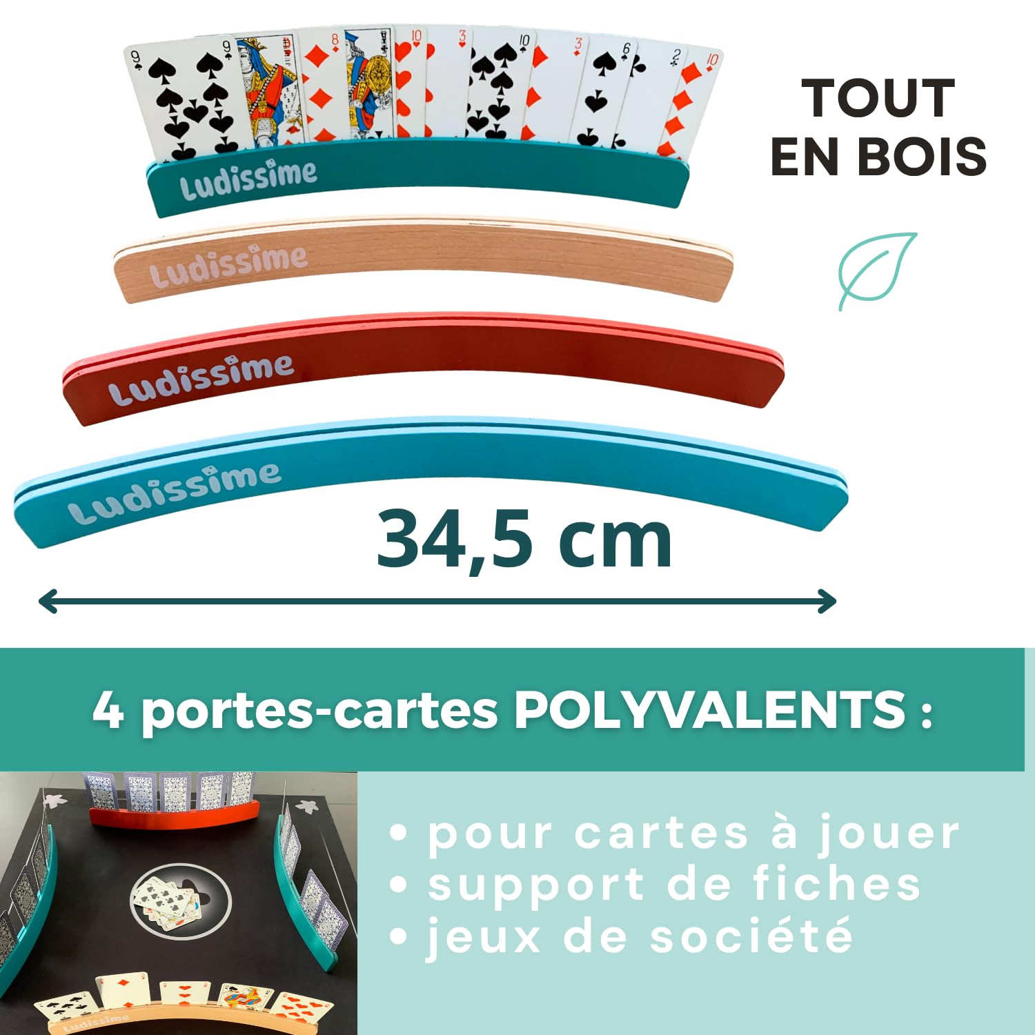 Porte cartes à jouer en bois 34 cm Lot de 4 - Accessoire belote tarot mains libres