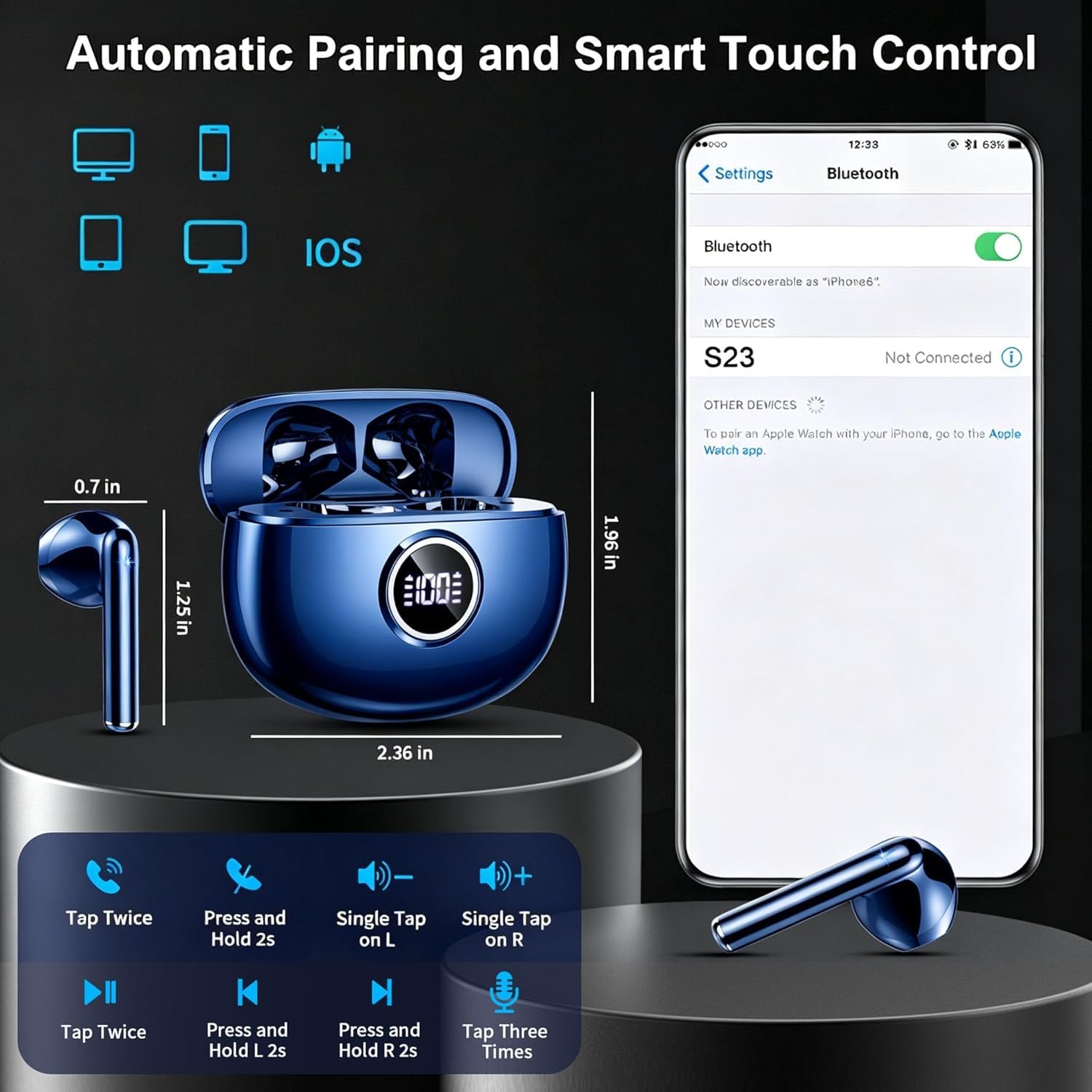 Ecouteurs Bluetooth sans Fil, Écouteurs Bluetooth 5.3, Casque B luetooth HiFi Stéréo, Ecouteurs sans Fil ENC Antibruit Mic, 40H Oreillette B luetooth avec Écran LED, IP7 Étanche pour iOS Android
