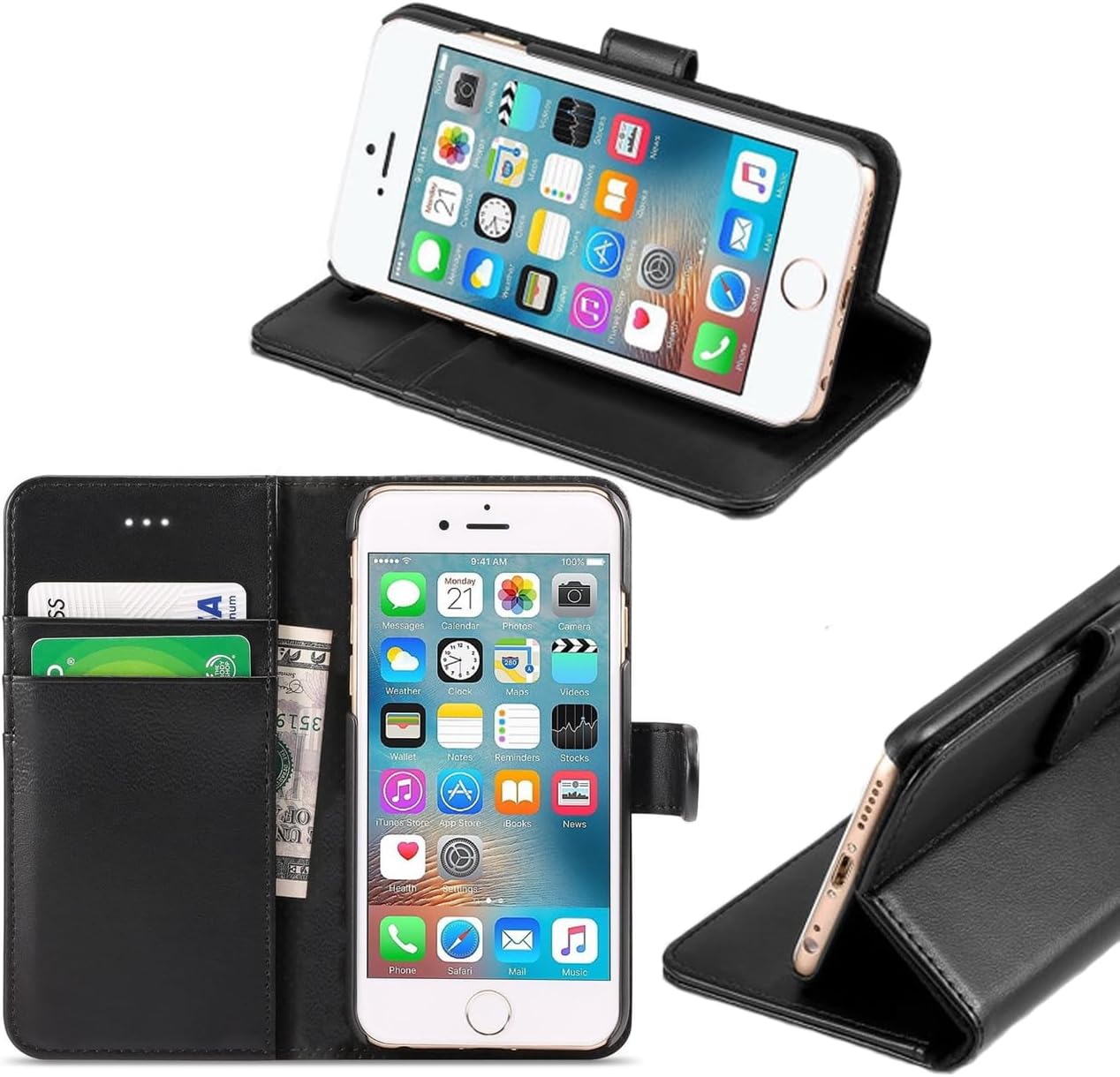 iPhone 6-6S Wallet Flip Case - Leather Premium Folio Phone Cover [Kickstand] [Cash & Card Slots] [Magnetic Closure] Wireless Charging Compatible Real Leather For iPhone 6-6S Black