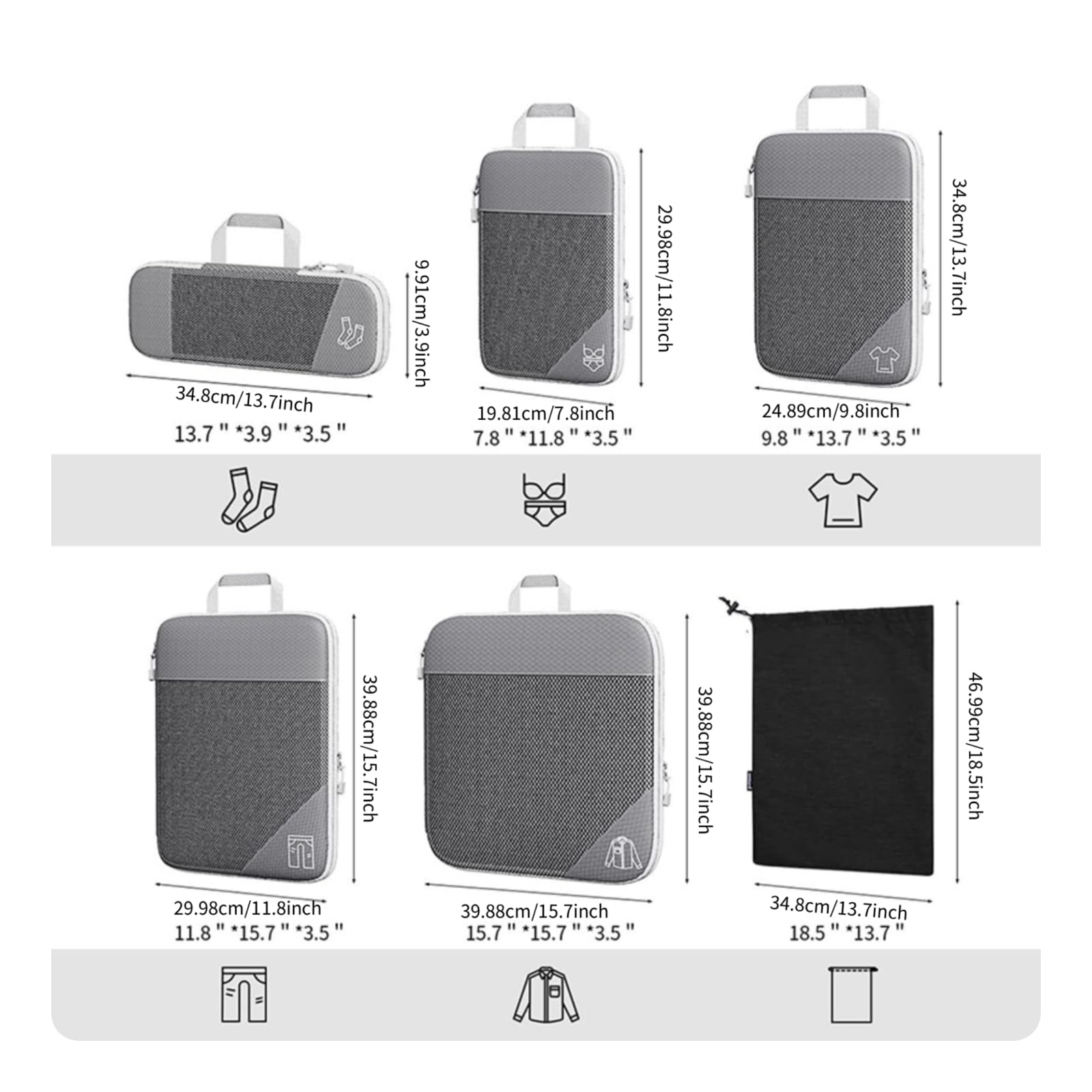 kowaku 7 èces Organiteur Compreion Travel En Nylon Léger Kit Rangement Pochtes à Fermure É c à Chauures Travel, Noir
