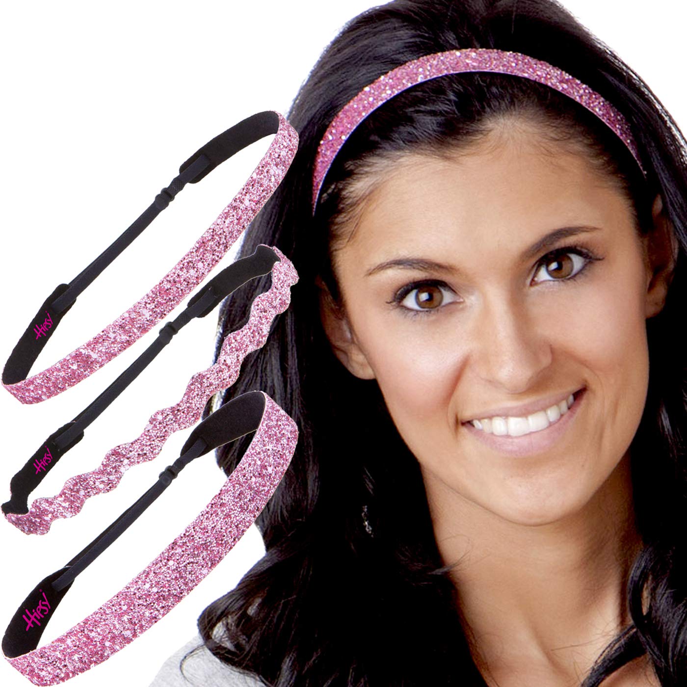Hipsy PLUS Size, Adjustable No Slip Sparkly Bling Mixed 3pk Headbands for Women Girls & Teens (Bling Glitter Mixed Light Pink)