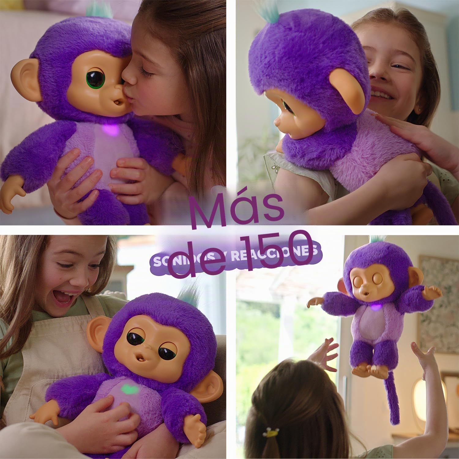 Fingerlings Care 'n' Cuddles - Mono bebé Interactivo, Sunny (púrpura), Juguetes para niños de 3 años, más de 150 Sonidos y reacciones, corazón se Ilumina