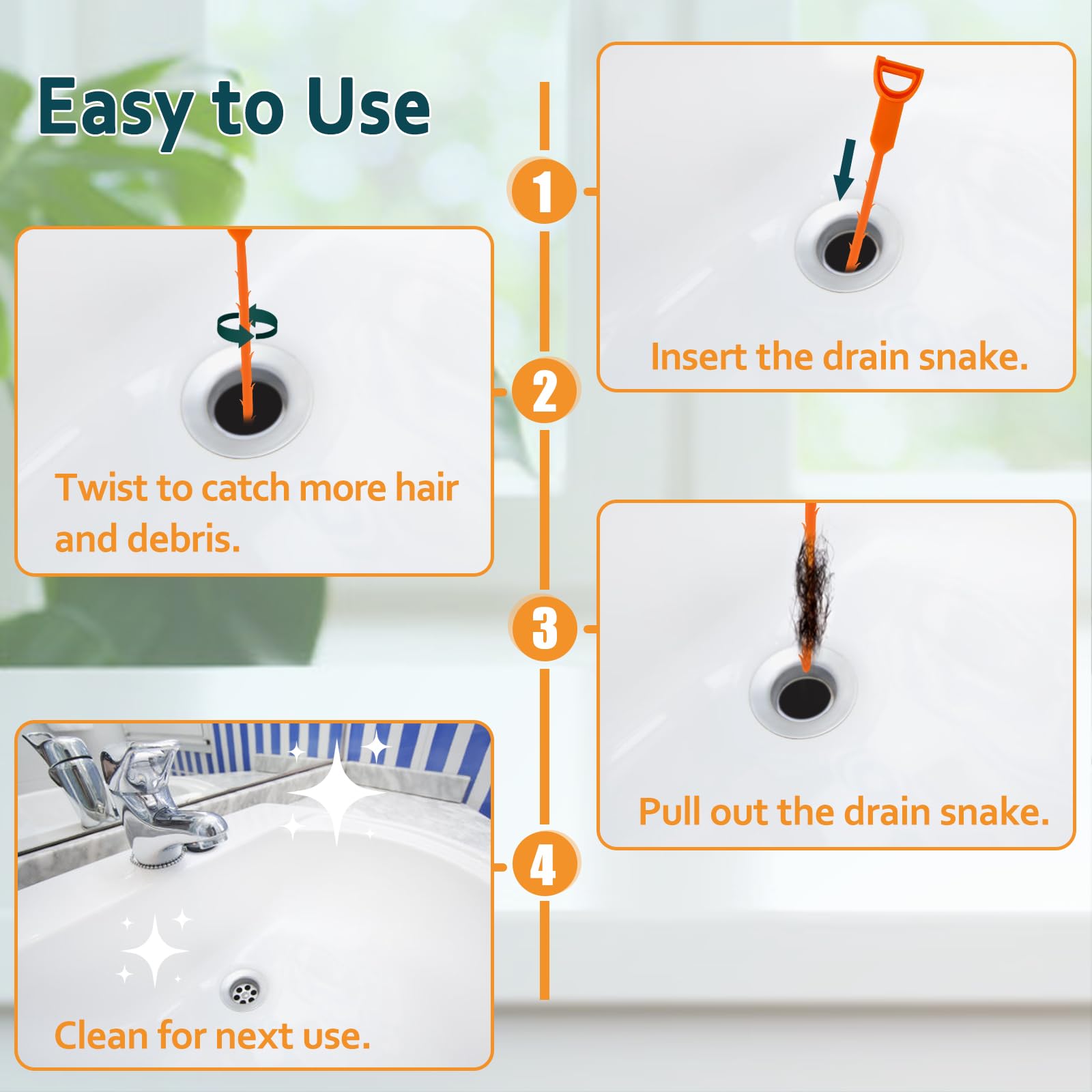 5Pcs Plastic Drain Snake, 64cm Sewer Hair Remover, 50cm Bend Snake Clog Unblocker, Multi-Tooth Auger Cleaner Tool - Image 4