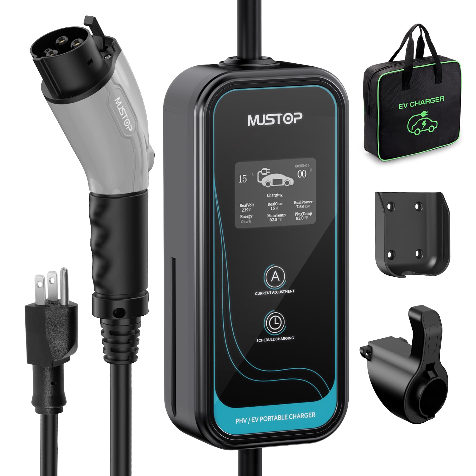 EV Charger Level 1 (NEMA 5-15 /15A /110V / 25ft),EVSE Adjustable Currents 8A-15A,IP65 Waterproof Home EV Charging Station, with LCD Screen and Timing Delay for All J1772 EVs