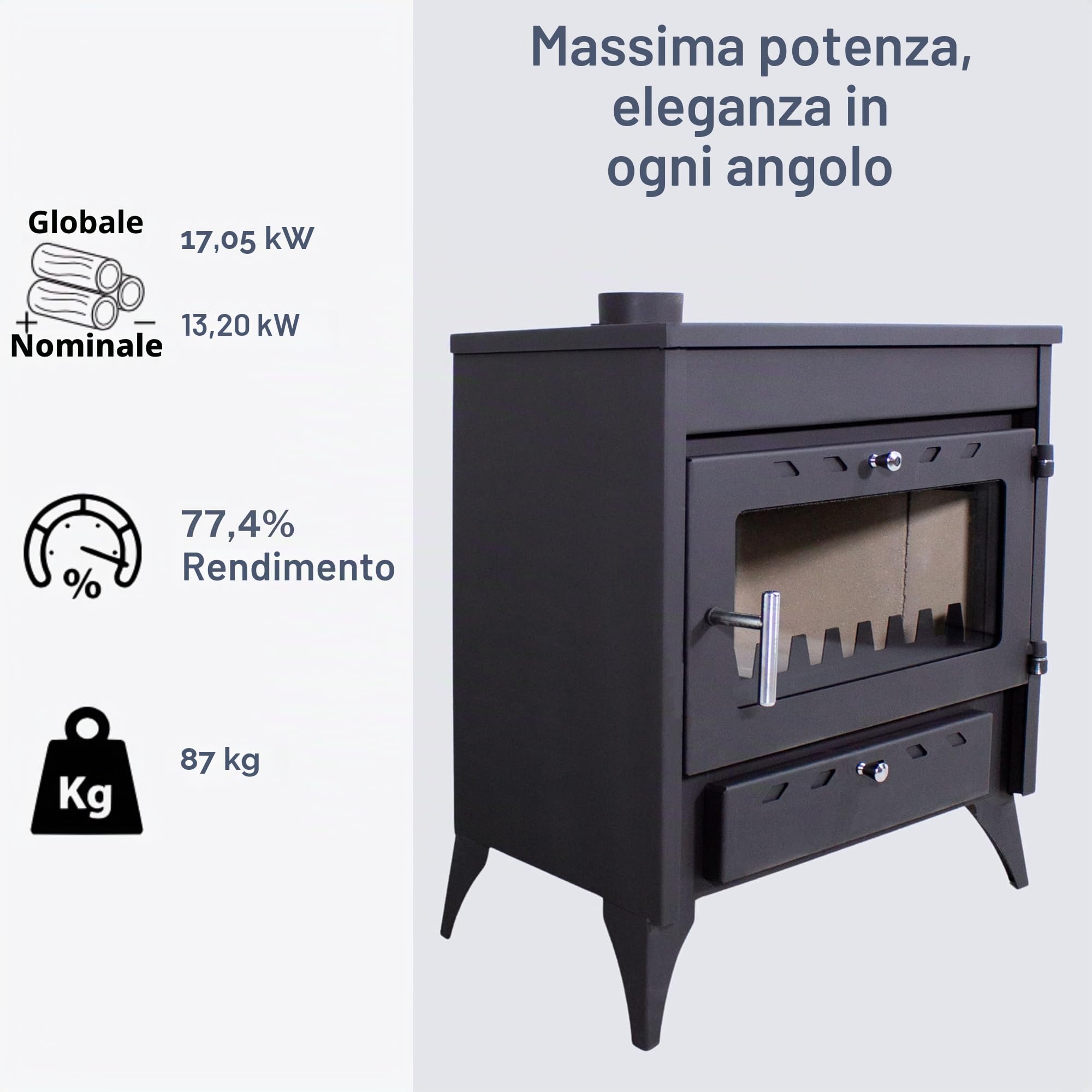 EIDER BIOMASA Stufa a legna 17,05 kW - Compatta 84 x 51 x 66 cm - Basso consumo - Ghisa - Ampia camera per tronchi grandi - Fino a 297 m³ - Classe di efficienza energetica A - Visione del fuoco