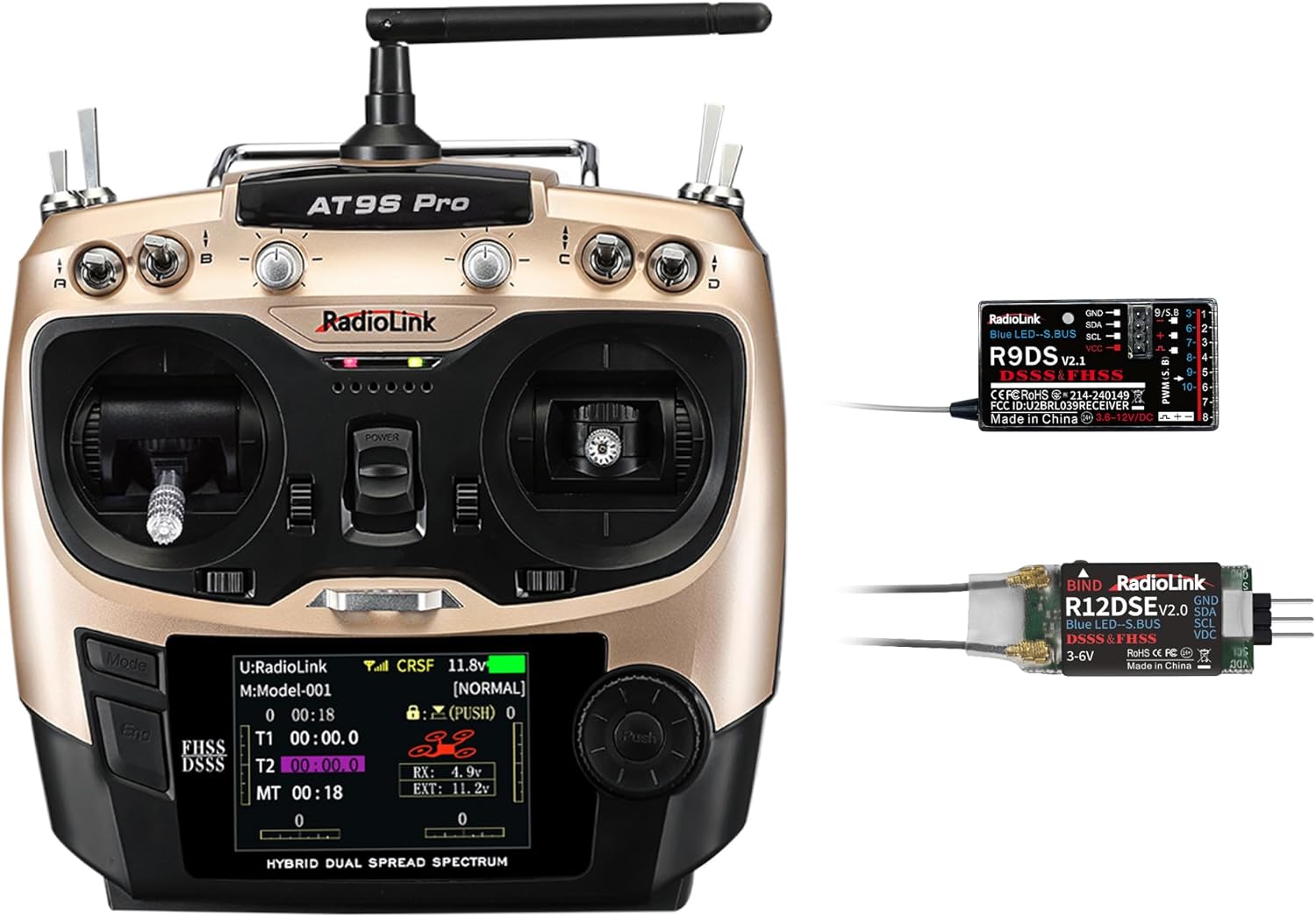 Radiolink AT9S Pro 10/12 Channels 2.4G RC Radio Transmitter and Receiver R9DS R12DSM Long Range for FPV Racing Drone/Quad/Fixed Wing and More (Mode 2 Left Hand)