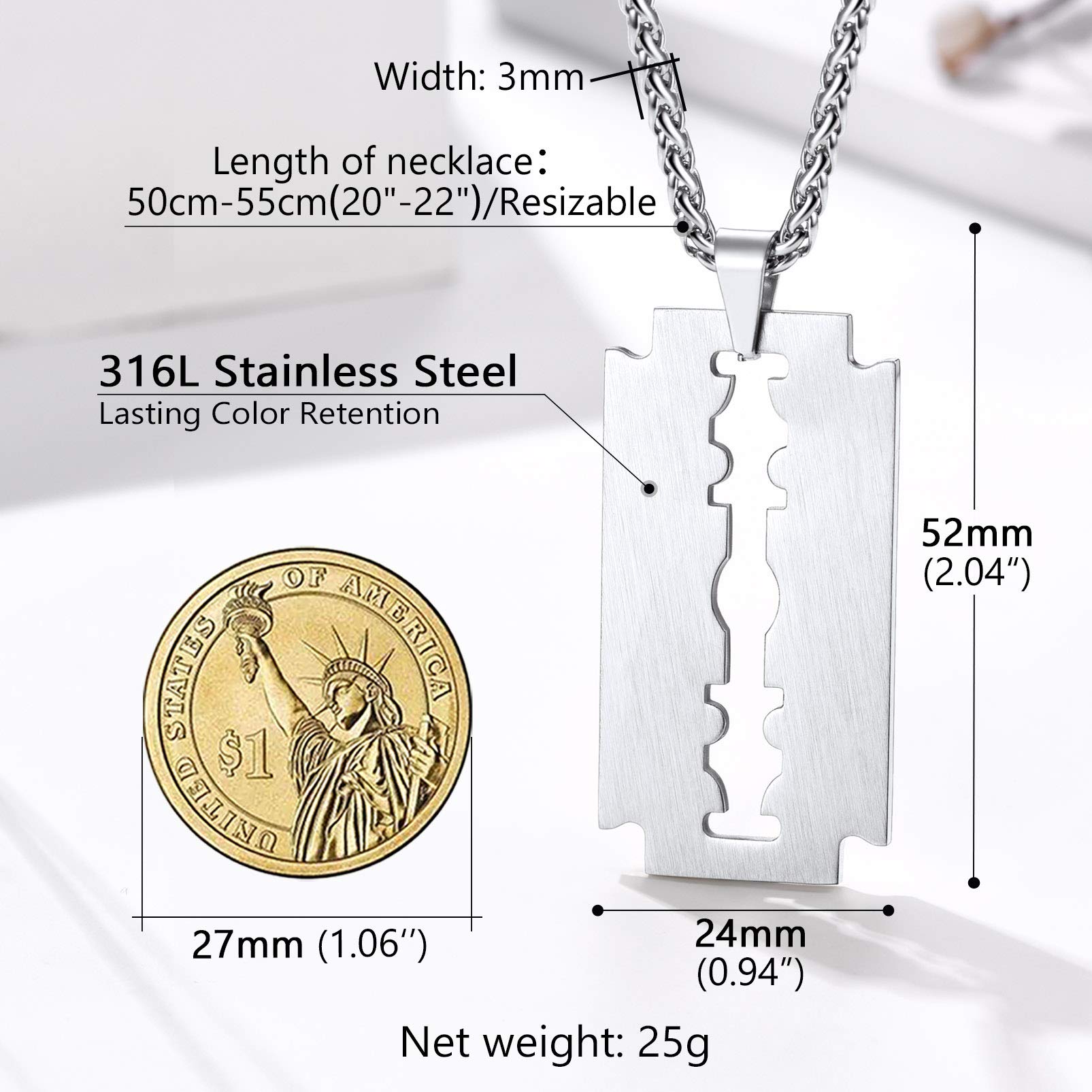 PROSTEEL Męski naszyjnik, wisiorek z ostrzem brzytwy z solidnym łańcuszkiem, regulowany 55 + 5 cm, możliwość grawerowania, stal nierdzewna 316L, pozłacany, czarny (wysyłka w pudełku prezentowym)