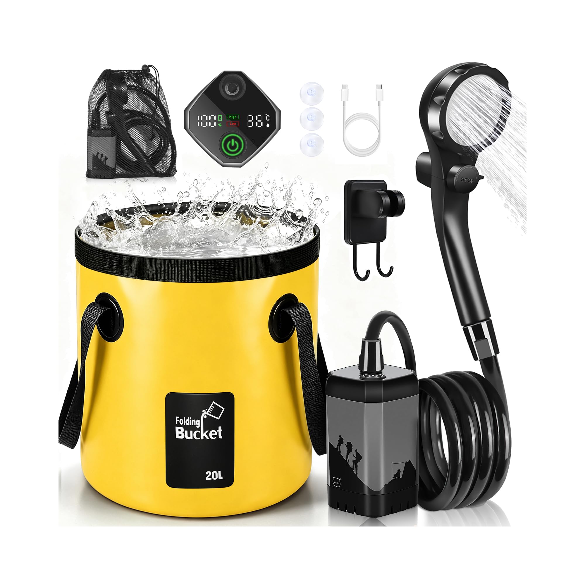 7800mAh Portable Camping Shower with Bucket, Digital Display & Temperature — image 1